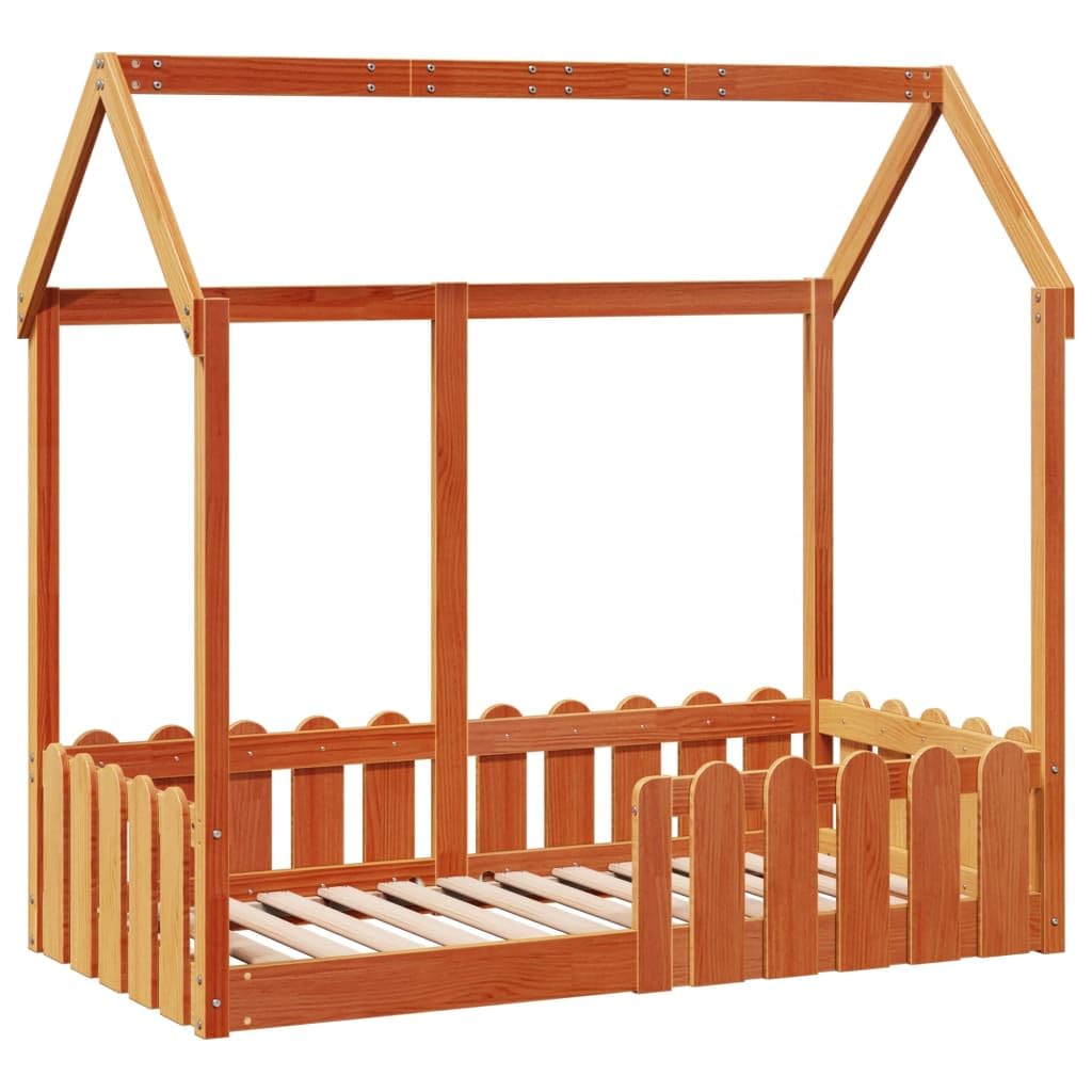 Hothingwell Bettgestell für Kinder, Hausform, Holz, 70 x 140 cm | Massives Kiefernholz, robuste Seitenbarrieren, bodentiefes Design, offenes Dach für Heimwerker, Lattenrost inklusive