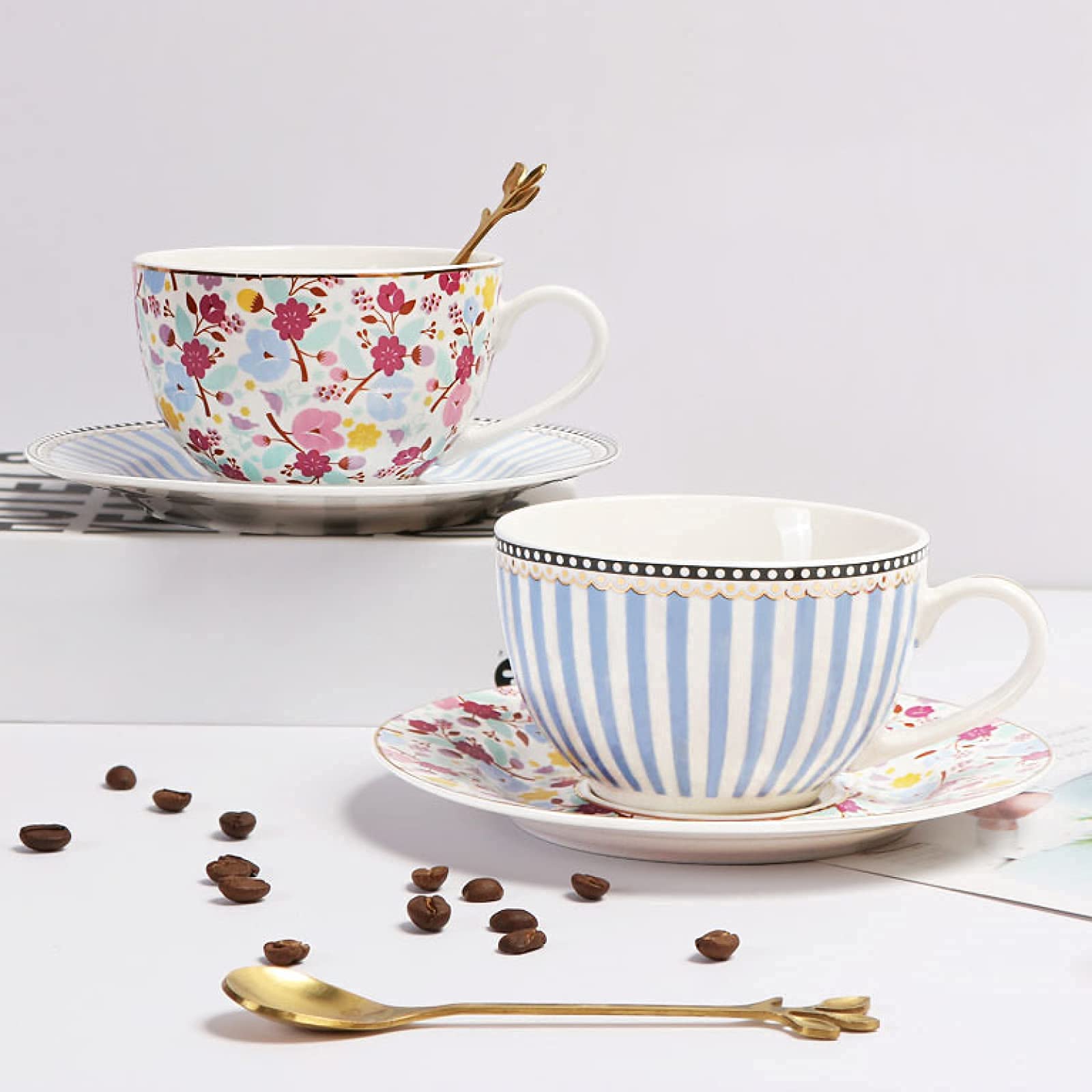 Set di tazzine da caffè in porcellana, set con piattino e tazza da caffè, set di tazze da caffè con piattino in stile corte Tazze da tè in porcellana, set da 2 for tè e caffè in ceramica floreale, for