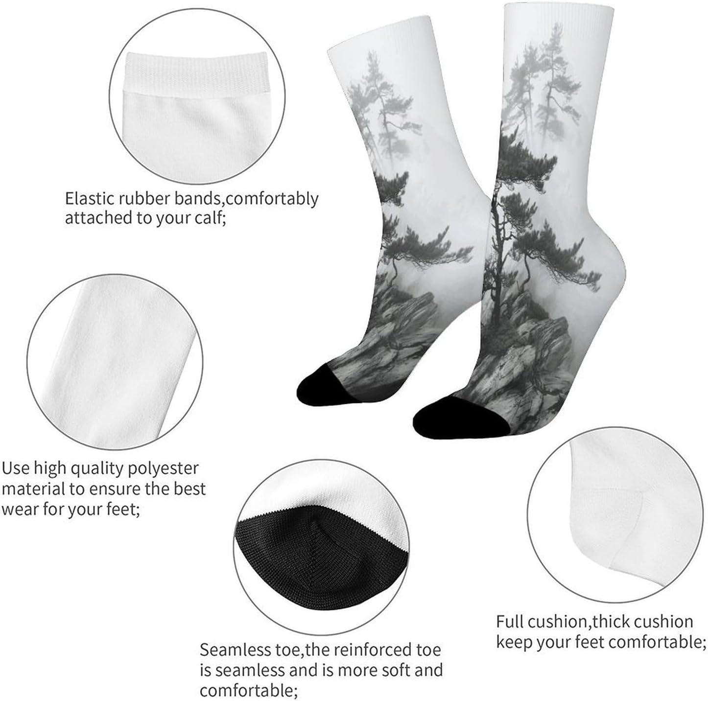 Foggy Mountain Pine Tree Crew Sock High Stocking Grippy Socks | Socks for Men & Women,Stockings-Long Thin Tube Sports, Breathable Soft Athletic for Nurses,Travel