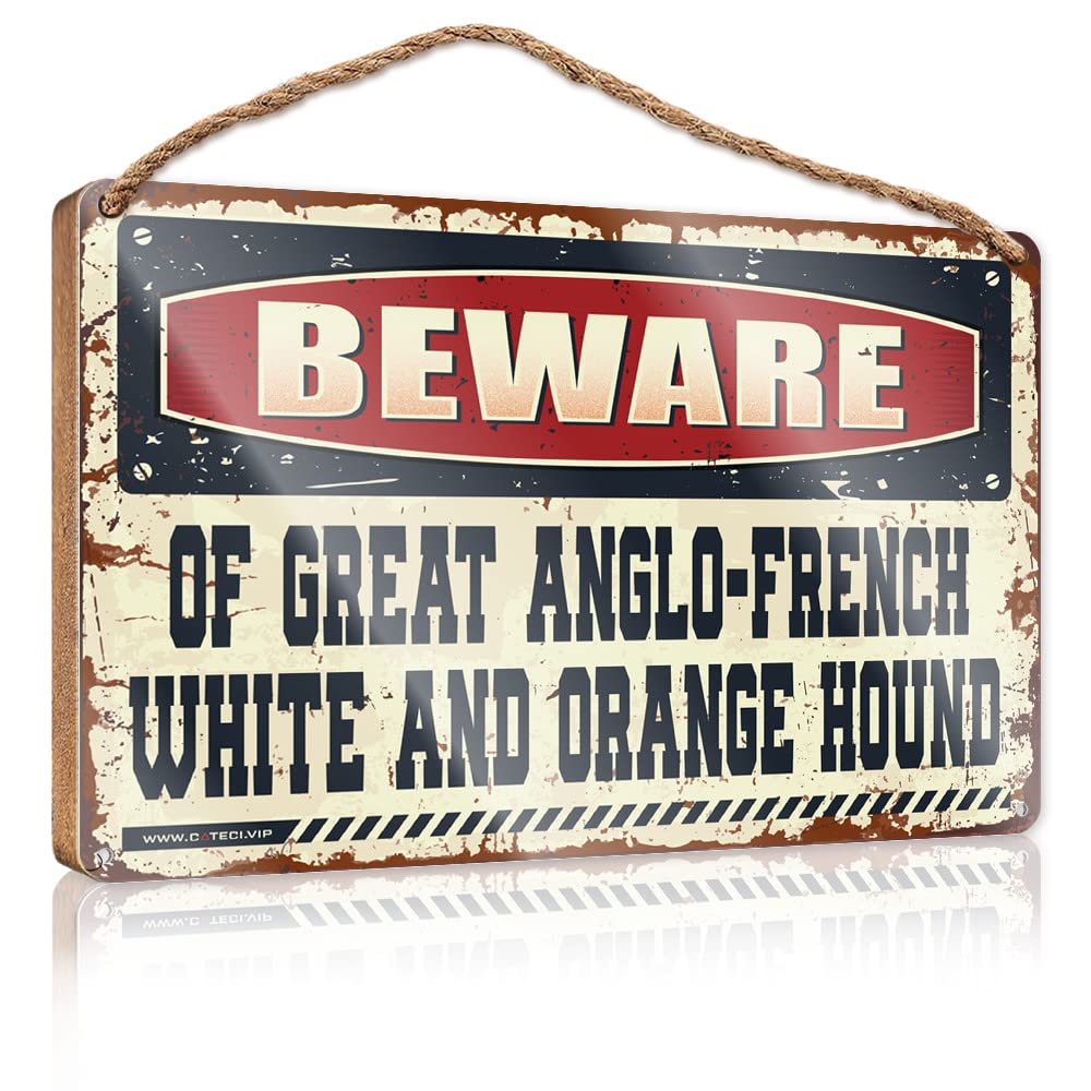DTHA Hello Winter Sign Beware Of Great Anglo-French White And Orange Hound Wooden Sign Winter Sign For Front Door Hangding Wood Sign