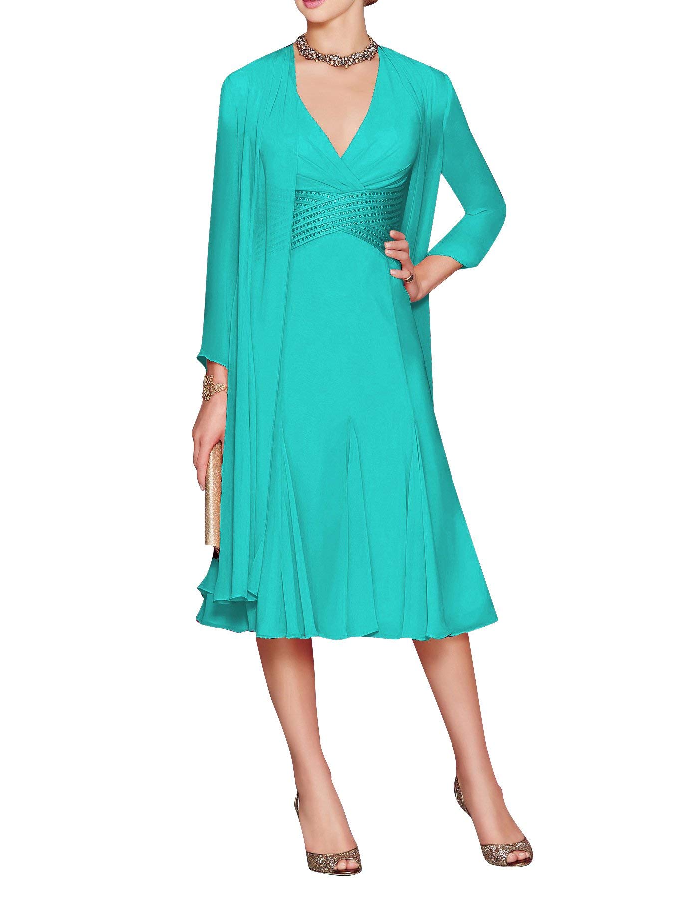 Women's Tea Length Mother of The Bride Dress Two Pieces with Jacket Long Sleeve Evening Gown Plus Size