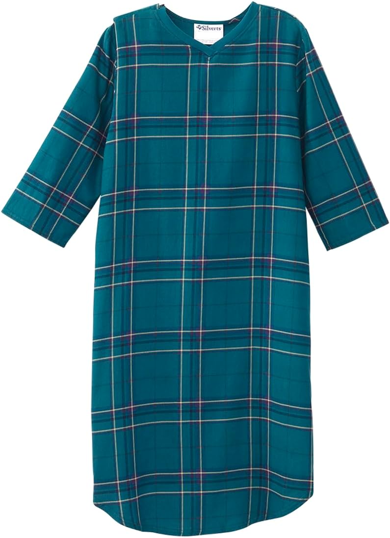 Men’s Open Back Adaptive Flannel Nightgown for Seniors - Back Snap Nightgowns With Dome Closure