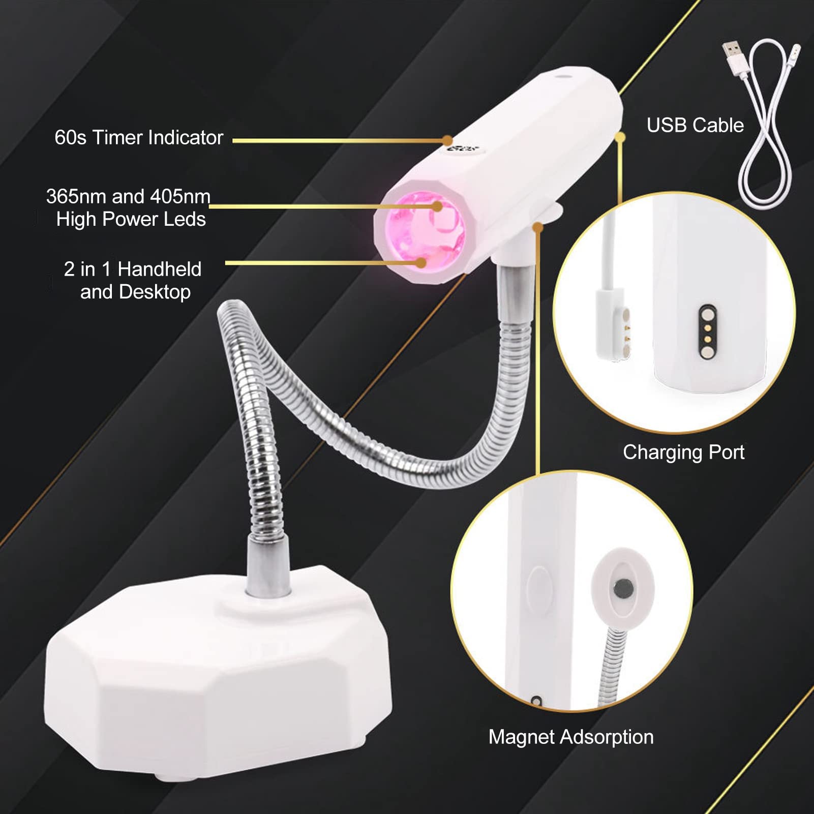 Lámpara de uñas de cuello de cisne Luz de uñas de cuello de cisne de escritorio LED recargable de secado rápido para manicura Base estable Ángulo ajustable flexible Lámpara de (Blanca)