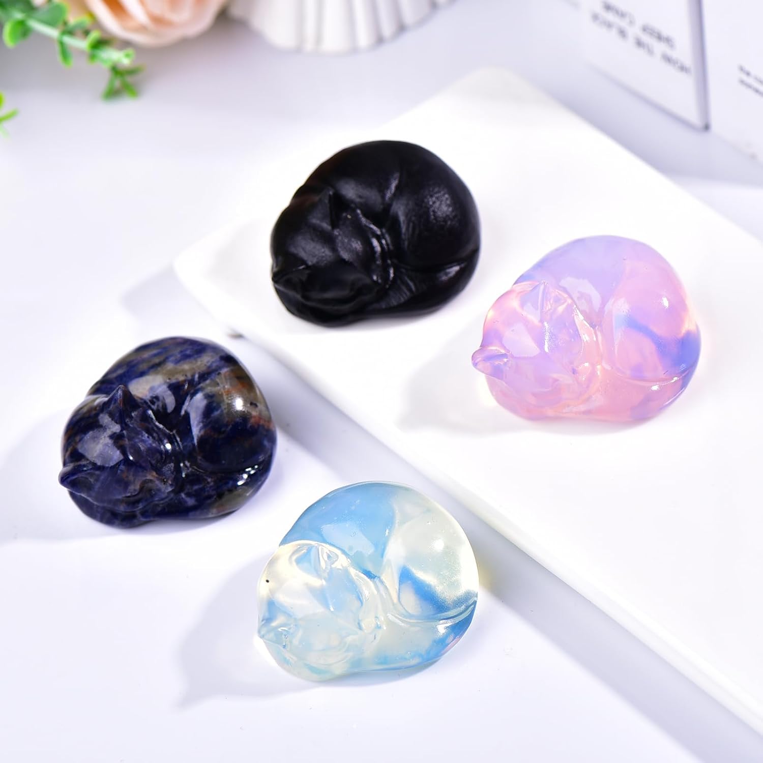 2.1 Inch Opal Cat Crystal Statue, Healing Crystal Sleeping Cat Gemstones Decorations, Lucky Cute Kitten Figurines, White Cat Gift Home Office Desk Decor for Women and Men - Image 5