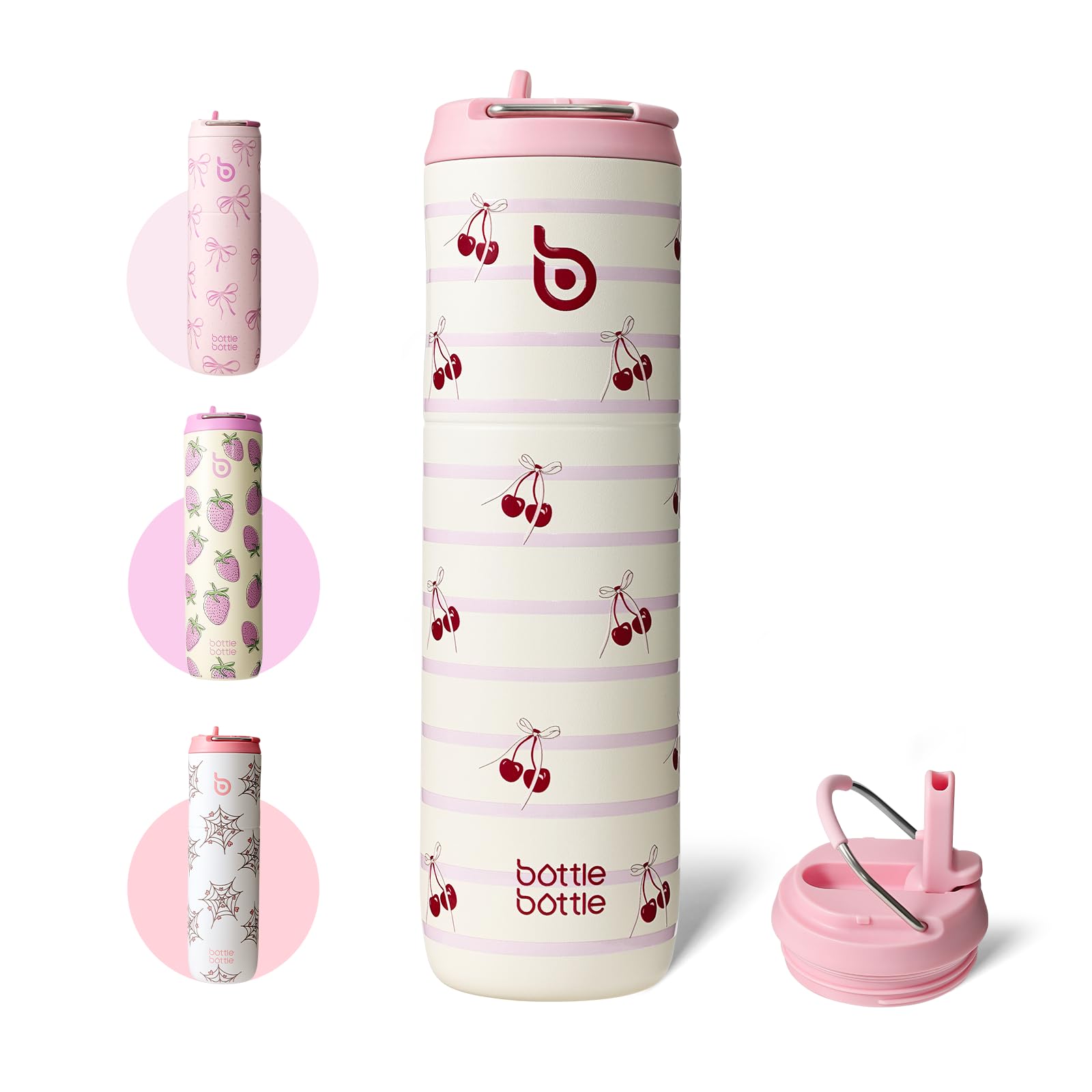 BOTTLE BOTTLE Isolierte Edelstahl Trinkflasche 750 ml mit Strohhalm, Deckel & Griff – Auslaufsicher, BPA-frei, Doppelwandig - Ideale Wasserflasche für Sport, Reisen & Fitness (Happy Cherry-Muster)