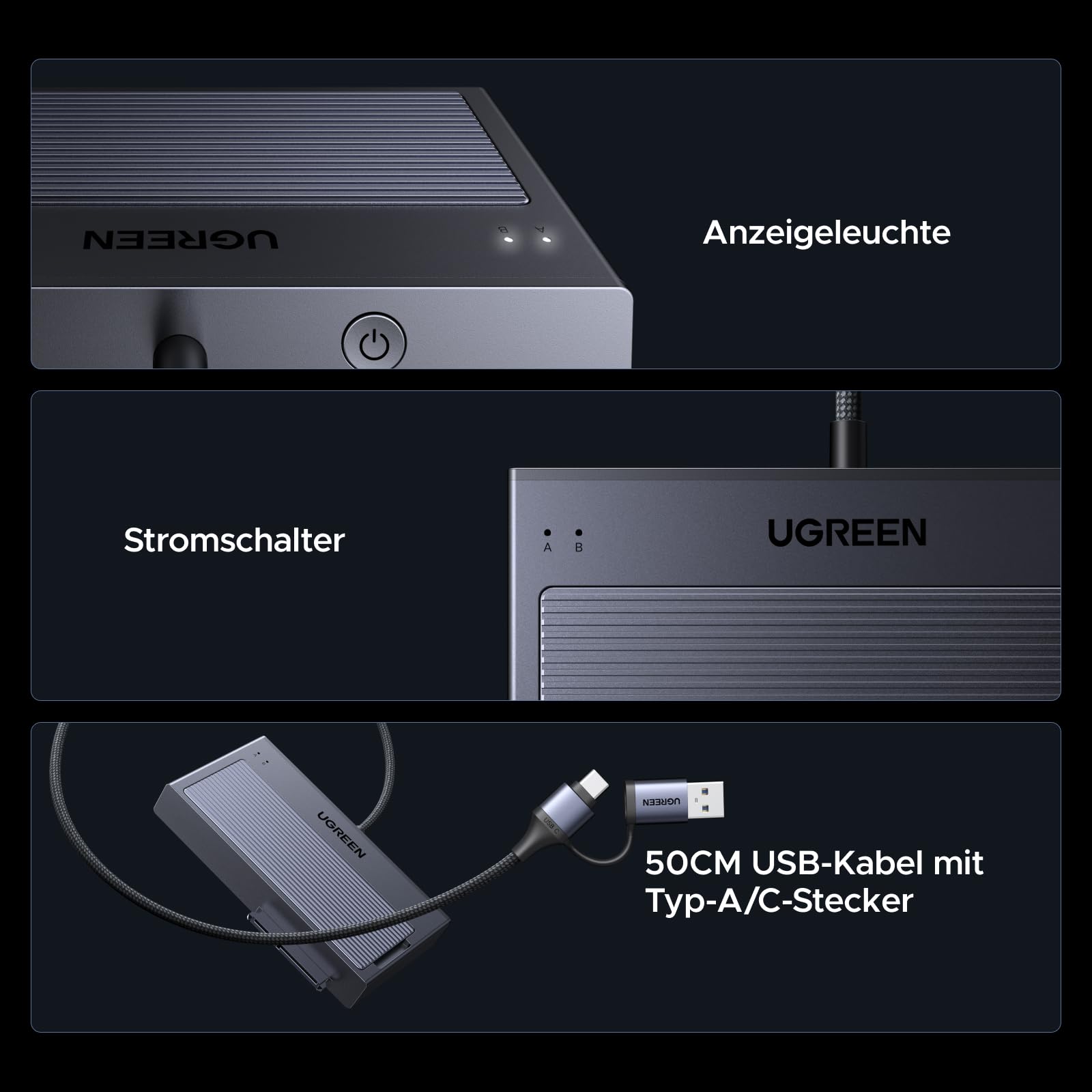 UGREEN 2 in 1 M.2 NVMe SATA USB Adapter, 10Gbps Festplatten Adapter für M.2 NVMe SSDs und 2,5/3,5 Zoll SATA HDD & SSD, Festplatten Dockingstation kompatibel mit Windows, MacOS, Linux(Werkzeuglos)