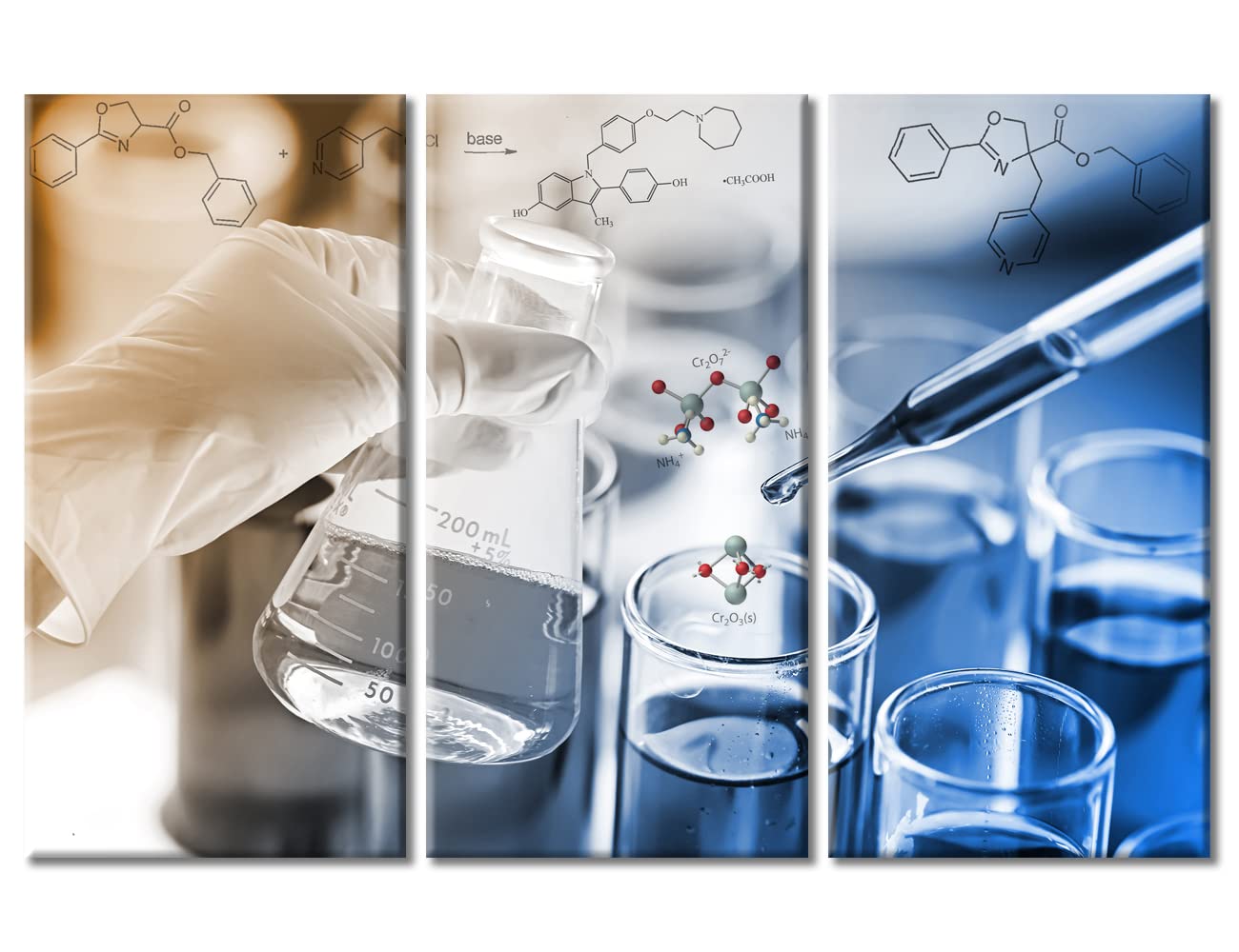 Young Scientist Reagent is Dripped Into the Test Tube Pictures Artwork Wall Decor 3 Piece Clinical Laboratory Painting Black and White Wall Art Posters and Prints Framed Ready to Hang (42"Wx28"H)