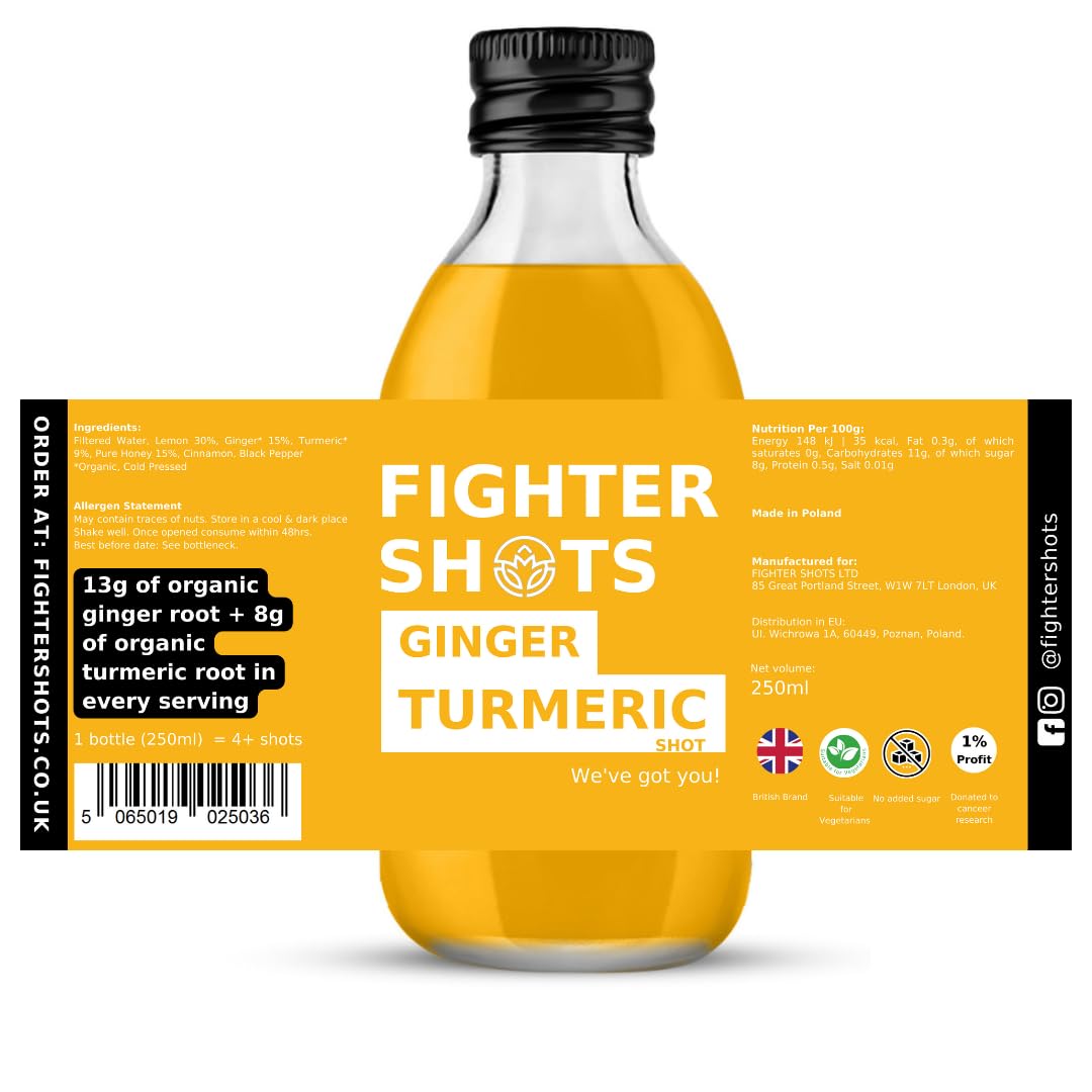 Fighter Shots Turmeric Dosing Bottles (6x250ml/24+ Shots) | Fresh Ginger Root & 8g of Organic Turmeric Root in every serving for Immune Support | Boosts Energy
