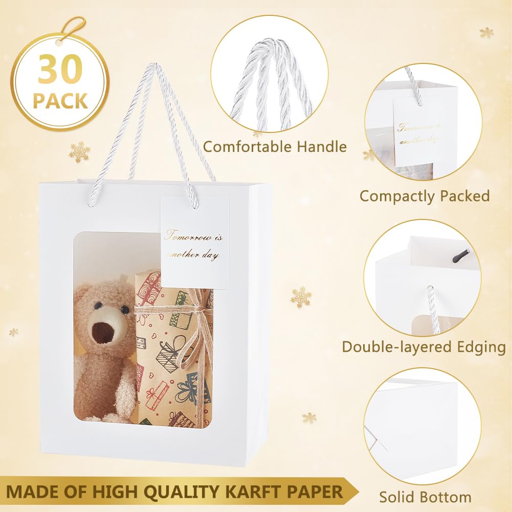 BENECREAT 30 pz Sacchetti Regalo Bianchi Trasparenti con Finestra, Sacchetti Regalo In Carta con Finestra Visibile, Sacchetti di Carta Regalo per Caramelle con Manico con Coulisse,18x14x25cm