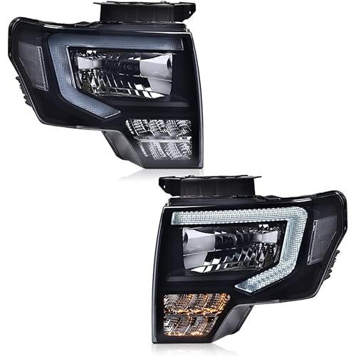 GRAND ORANGE LED DRL Headlight Assembly Compatible with Ford F150 2009-2014 Headlights Driver & Passenger Side Smoke lens Black Housing White Reflector FO2503289 DL3Z13008EC