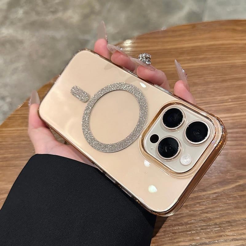 Image of COVERLY Ultra Thin Slim Sleek Hard Transparent Shinny Glitter Magnetic Ring Mag-Safe Case for iPhone 14 Plus Shockproof PC Clear Bling Spakly Cover (Desert Titanium)