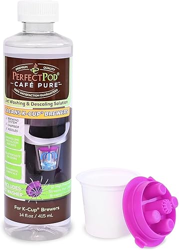 PERFECT POD Cafe Pure Kit de limpieza con solución de descalcificación con lavadora a chorro  Compatible con cafeteras Keurig, botella de 14 onzas