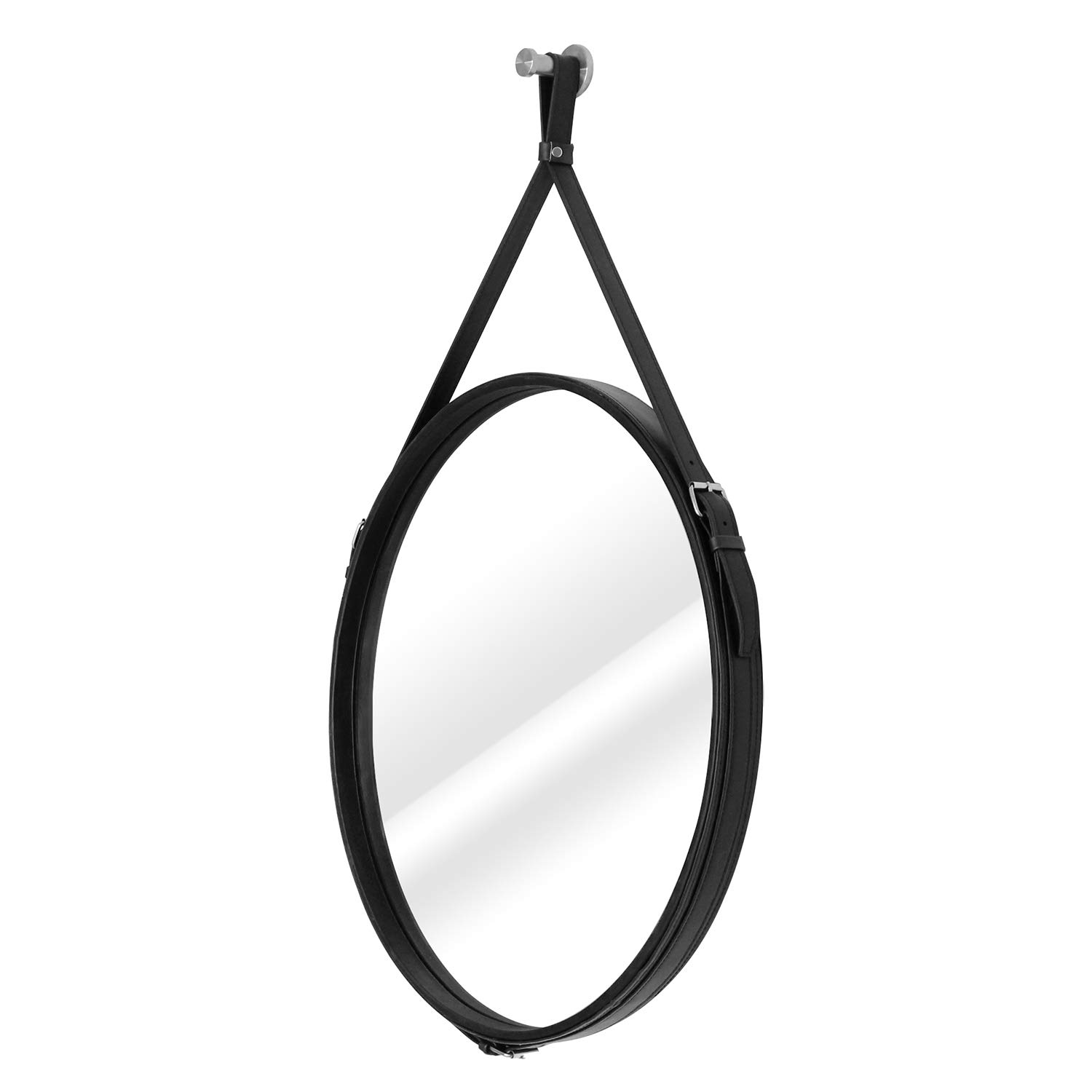 Homede Lustro Ścienne 50 cm Skóra Syntetyczna Dekoracja Paski Do Zawieszenia Czarny Okrągły Esha