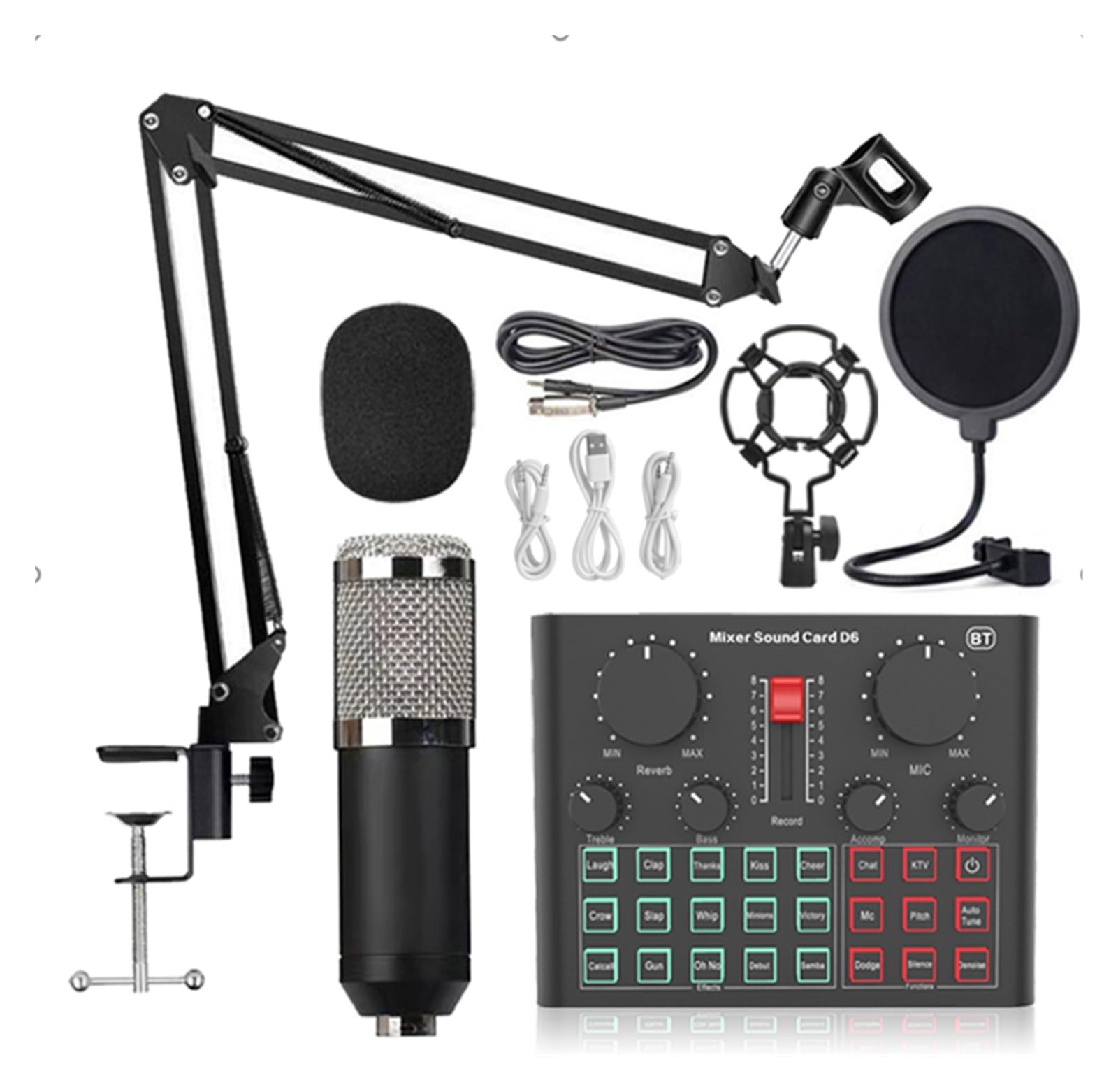 Soundkarten-Kit, Mikro-Kondensator, kabellose Bluetooth-Mikrofon-Soundkarte mit Ring-Fülllicht, freitragender Halterung, Live-Streaming-Studio-Setup für Recordi (Silber 1)