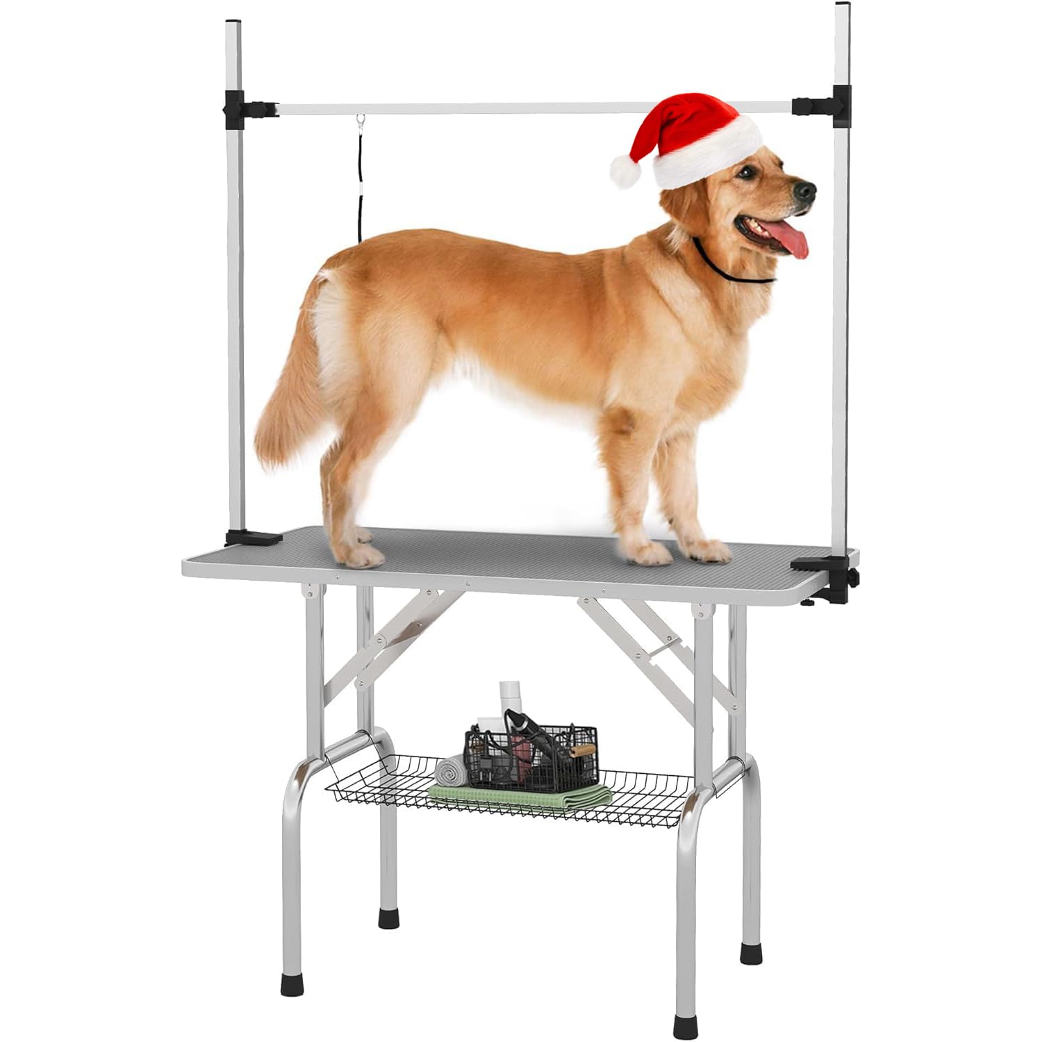 EPIKOIB Pet Dog Grooming Table, Foldable Stainless Steel Pet Drying Grooming Table Up to 330lbs, Professional Bathing Desk for Dogs at Home with Adjustable Overhead Arms, Noose, Mesh Tray, 42''/Grey