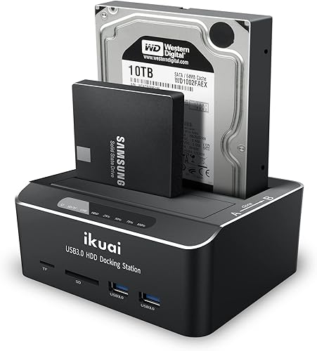 ikuai Base de disco duro SATA a USB 3.0 de doble bahía para 2.5"3.5" SATA HDD SSD con lector de tarjetas Micro SD, 2 puertos USB 3.0, estación de