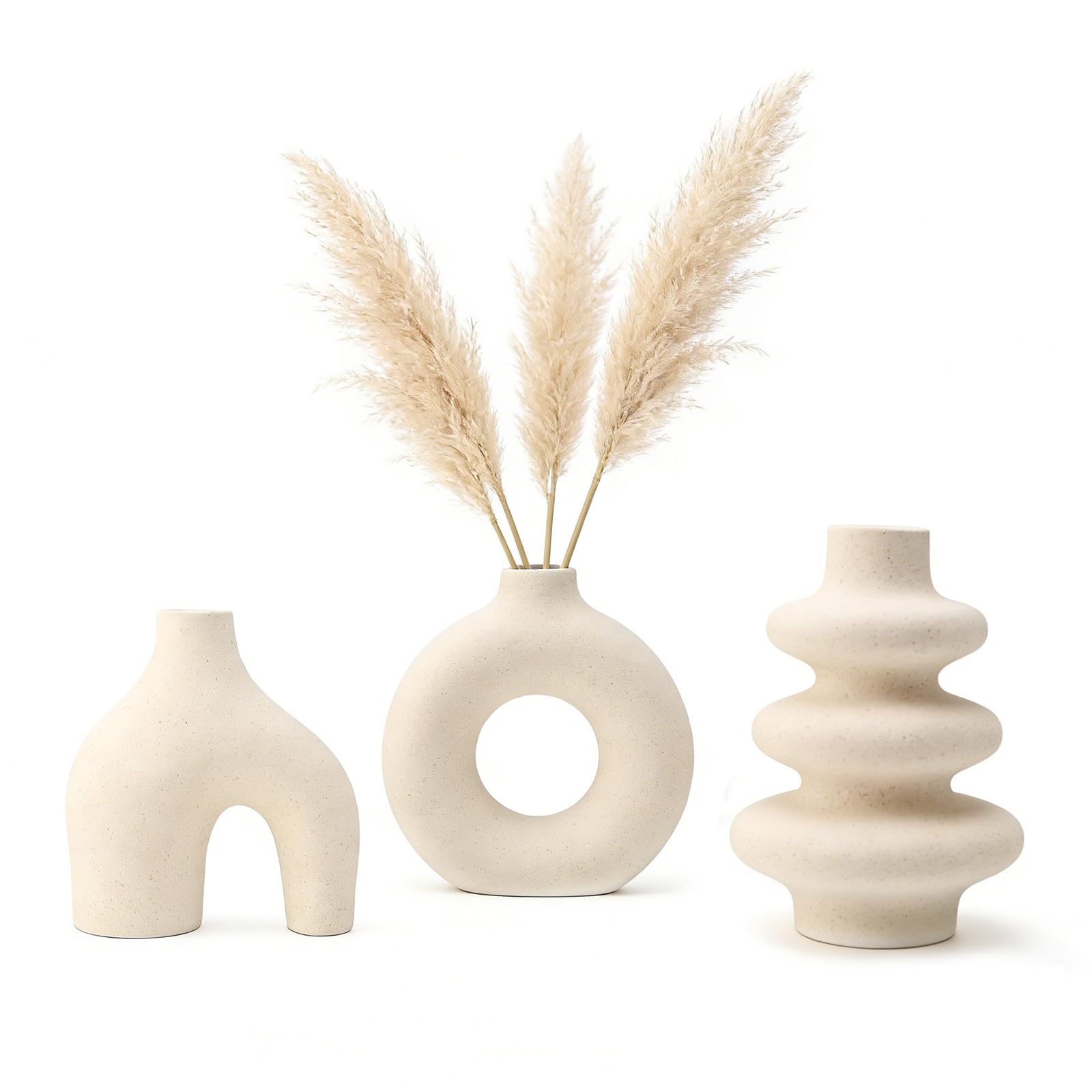 Vasi in Ceramica Bianco Set di 3,Minimalista Vasi Deco per L'erba della Pampa,Vaso Deco per La Casa Moderno,Vaso Decorativo da Interno per Nordico,per Soggiorno,Tavolo,Scaffale,Ingresso | Vaso decorativo moderno bohémien in ceramica, decorazione da tavolo