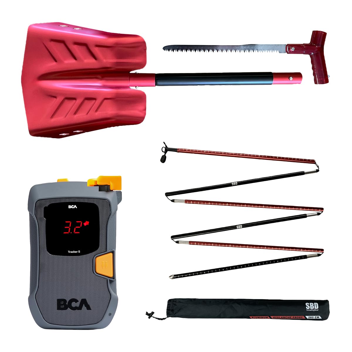 Avalanche Rescue Bundle BCA Tracker S Avalanche Beacon, sonde d'avalanche 260 cm, pelle de sauvetage avec scie