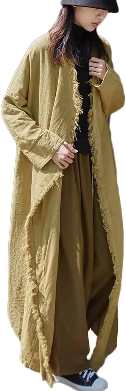 Ystylee Womens Cotton Linen Long Trench Coat Front Distressed Artistic Hippie Long Sleeve Maxi Outwear with Pocket - Image 2