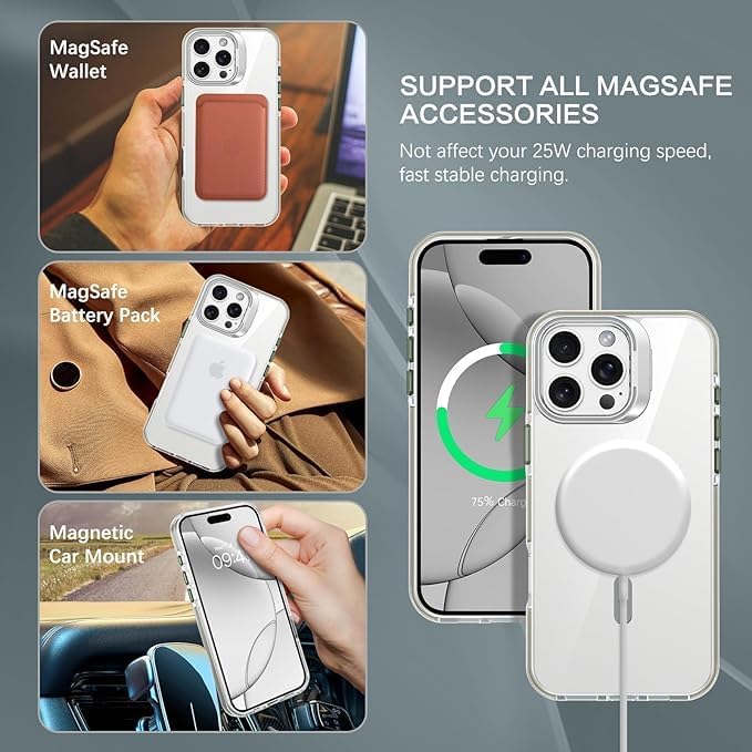 Image of VONZEE Classic Series iPhone 16 Pro Case Compatible with MagSafe Built-in Camera Stand Phone Cover Transparent Military-Grade Protective Drop Protection Non Yellowing Hard PC +TPU, Desert Titanium