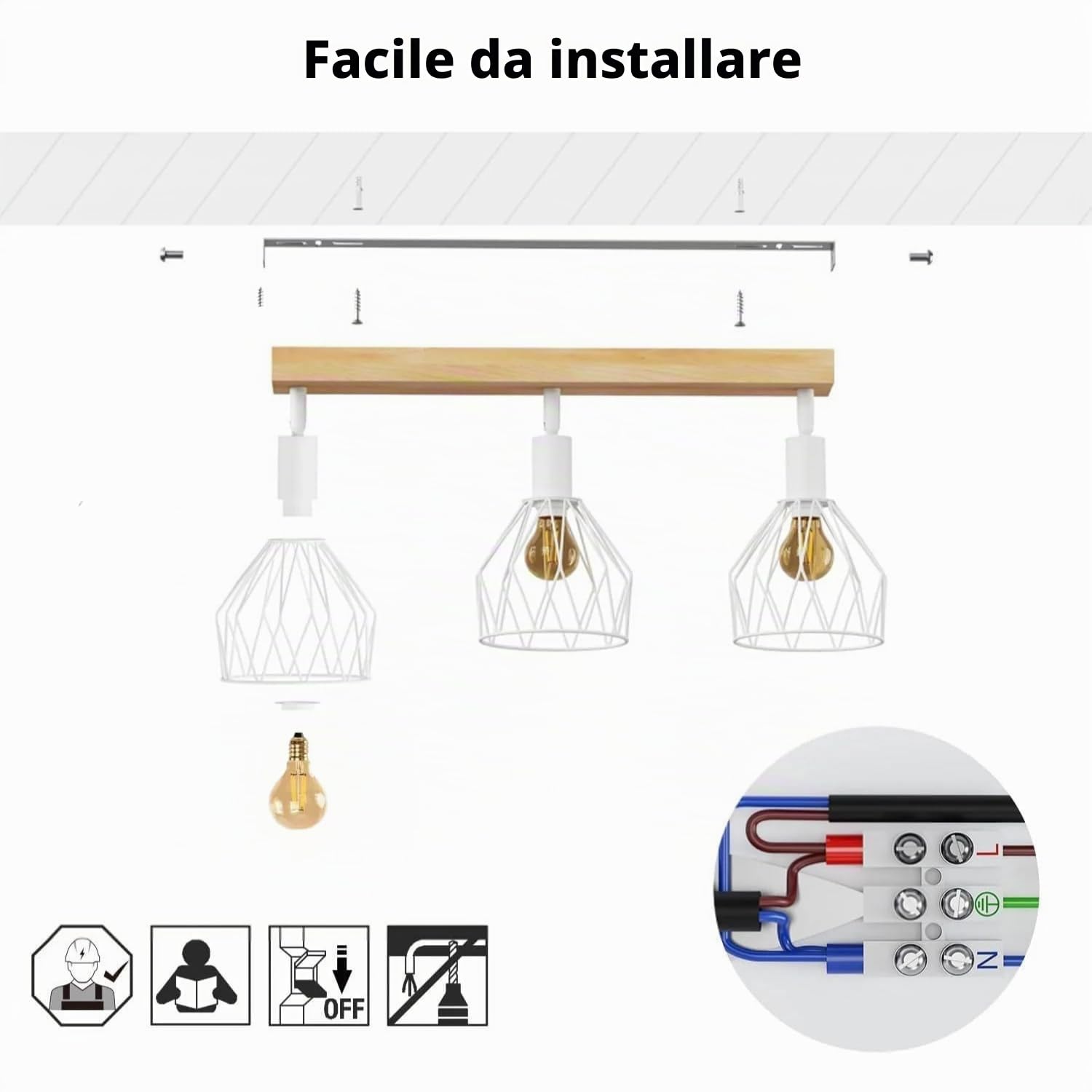 LVWIT Faretti LED da Soffitto Orientabili Bianco, Faretto da Interno con 3 Lampadine LED E14, Base di Legno, Faretti Soffitto Retrò per Barra, Salotto,Cameretta, Cucina (Lampadine Escluse)