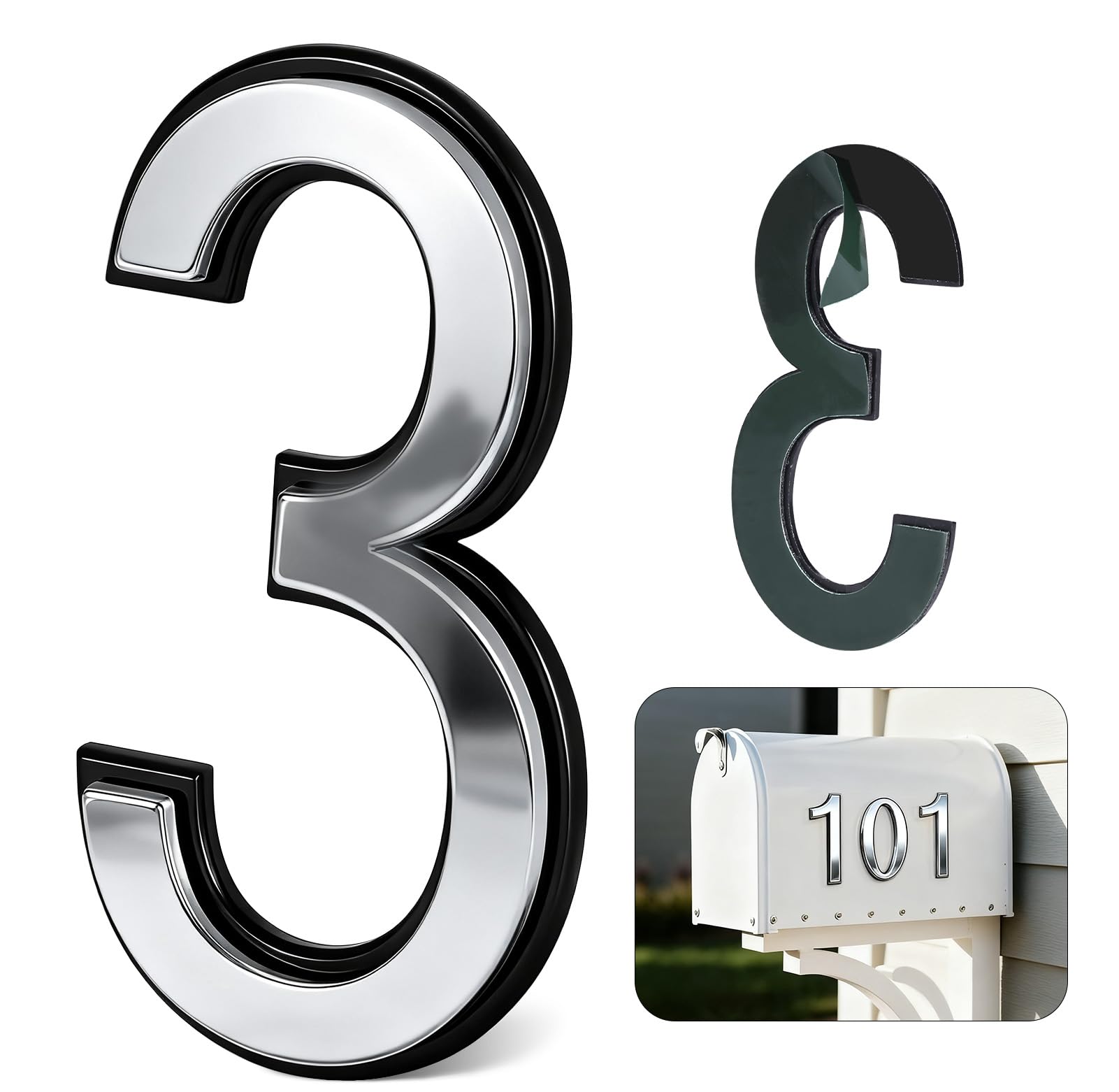 4 Inch Silver House Numbers for Outside, VONDERSO Self-Adhesive Mailbox Numbers with Exclusive Electroplated Finish and Durable ABS Base, for House Plaques, Mailbox, Yard, Garage – Plaque Number ‘3’