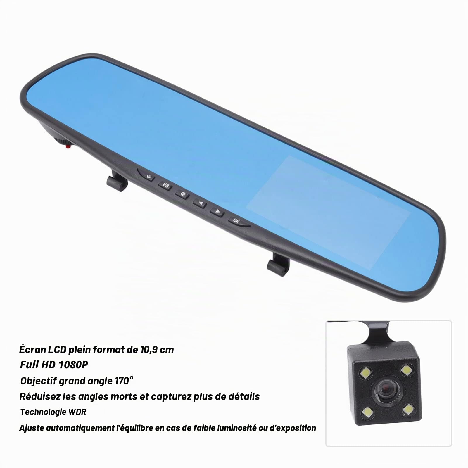Caméra de Tableau de Bord Miroir pour Voiture, Caméra de Rétroviseur LCD 4,3 Pouces, Caméra de Recul 1080p avec Enregistrement en Boucle, Capteur G Intégré, Surveillance de Stationnement pour Voiture