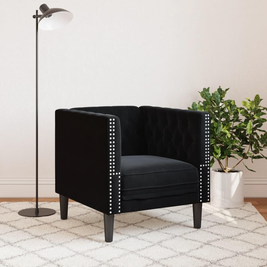 Chesterfield fotel z czarnego aksamitu, miękko wyściełany, 71 x 74,5 x 70,5 cm, solidna rama z litego drewna, elegancki fotel klubowy do salonu, biura i kącika do czytania, maks. obciążenie