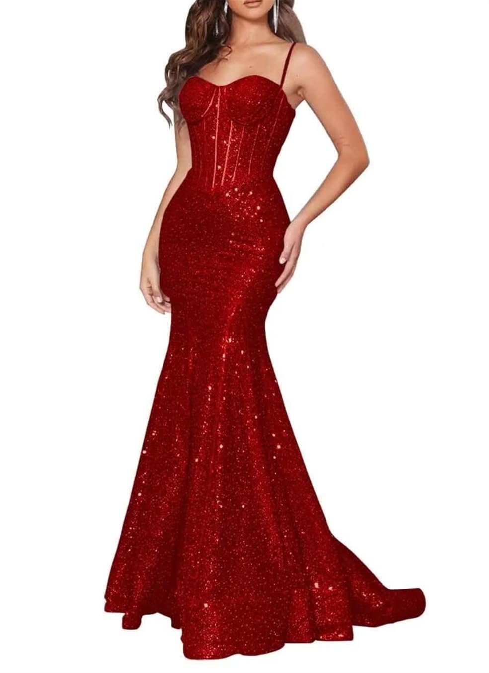 HPPEE Mermaid Sequin Prom Dresses for Women Sparkly Spaghetti Strap Formal Evening Party Dress WYX428 Burgundy UK6