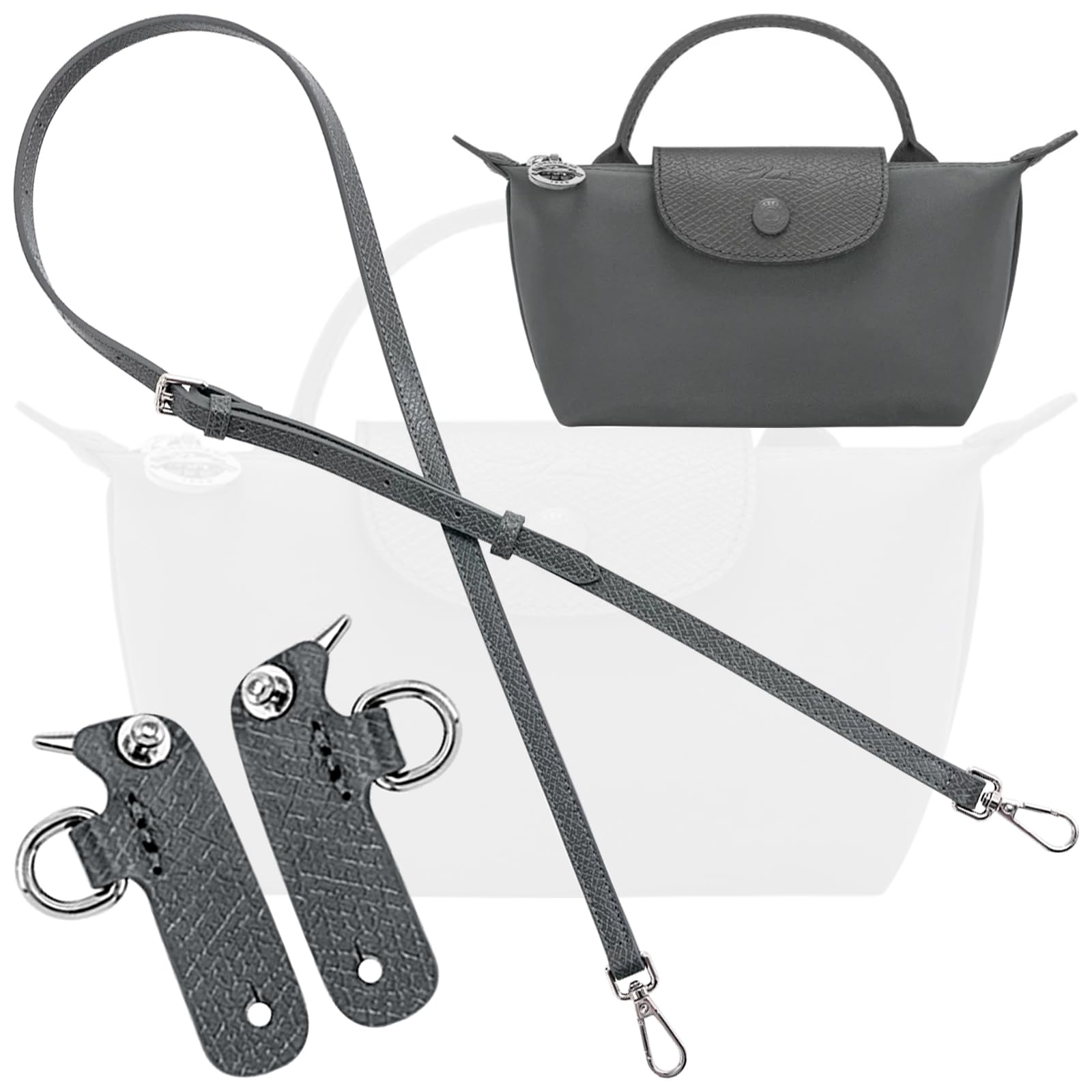 Anthracite Bag Leather Strap Replacement Adjustable Crossbody Shoulder Straps for XS Le Pliage MINI Pouch, No Damage Conversion Kits Accessories (MINI-Anthracite-Silver)