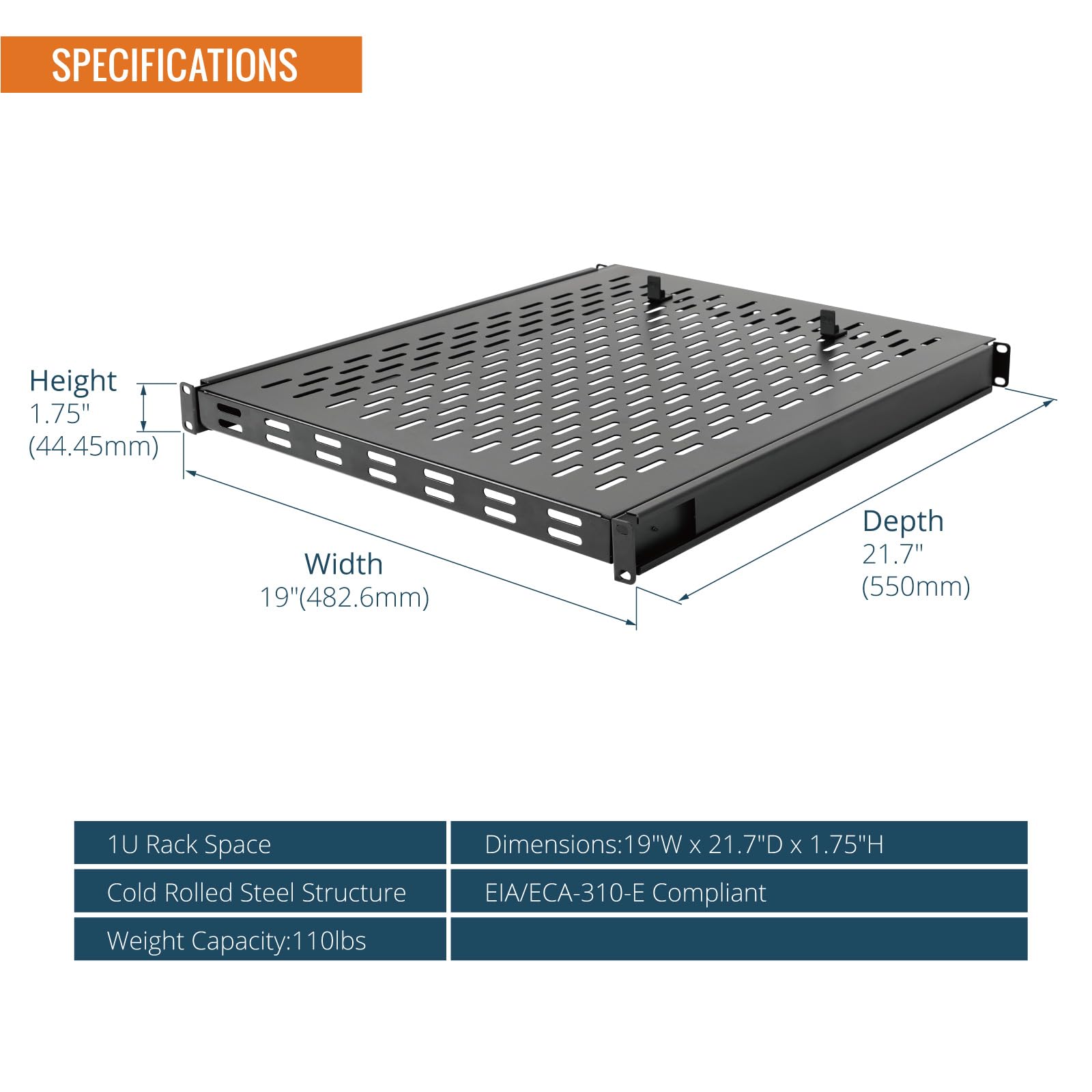 Tecmojo 1U 4-Pfosten-Server-Rack und Netzwerk-Rack, Schieberegal, verstellbare Tiefe 55 cm ~ 89,9 cm, mit M6-Schrauben und Anti-Rutsch-Stopp