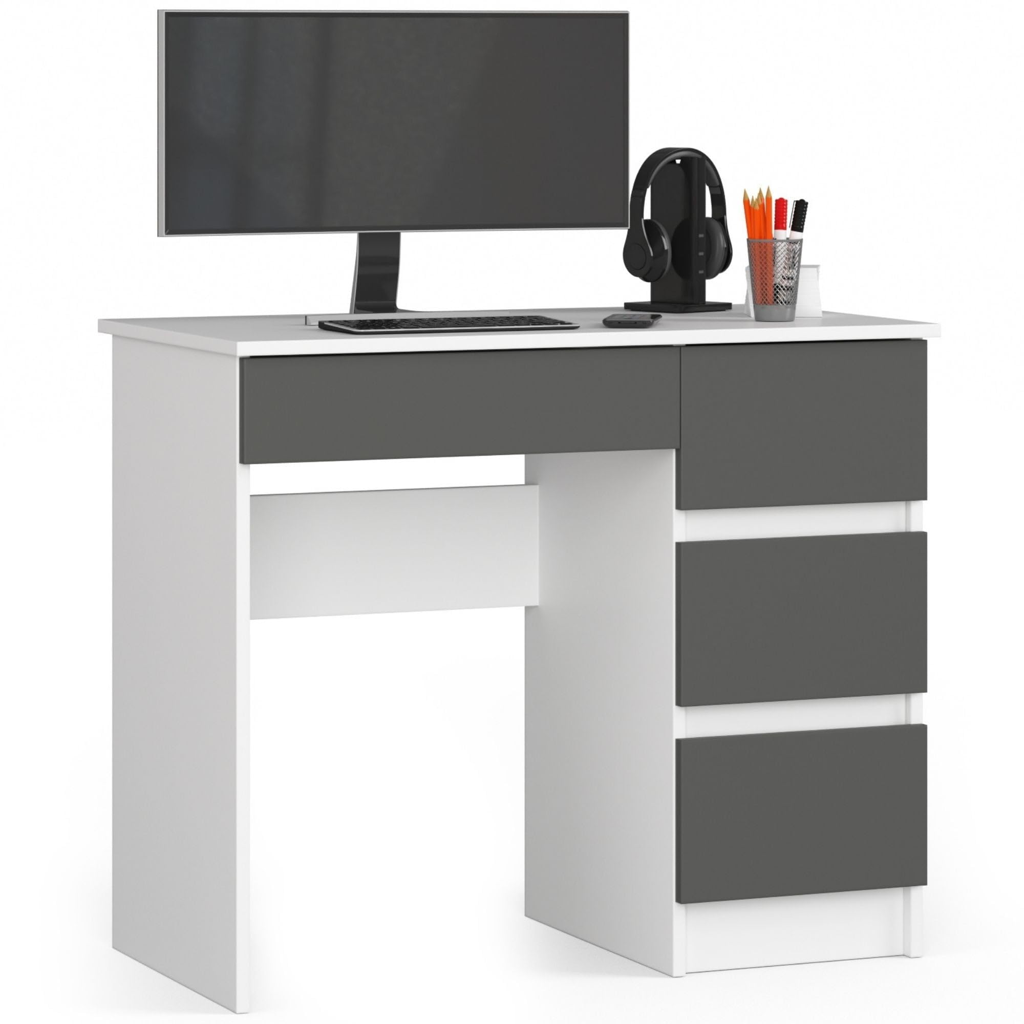 AKORD | Scrivania A-7 | 4 Cassetti | Office Desk | Scrittoio per Ufficio | Per Computer PC Laptop | Al lavoro | A casa | 50x90x77 cm | Bianco/Grigio grafite