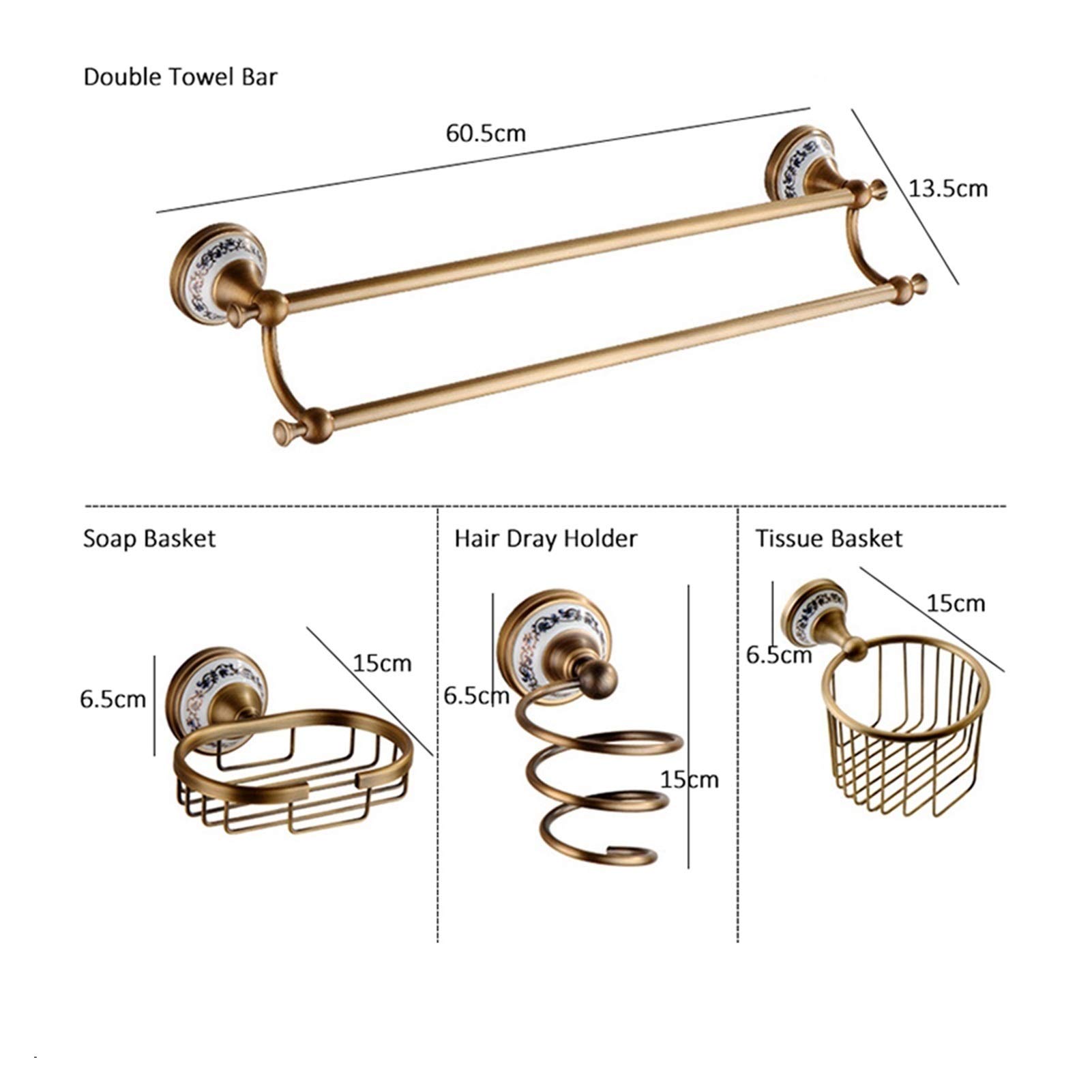 Set di accessori da bagno in bronzo anticato con ripiano per asciugamani, porta carta igienica, gancio Rove e prodotti da bagno in ceramica porta asciugatrice incluso