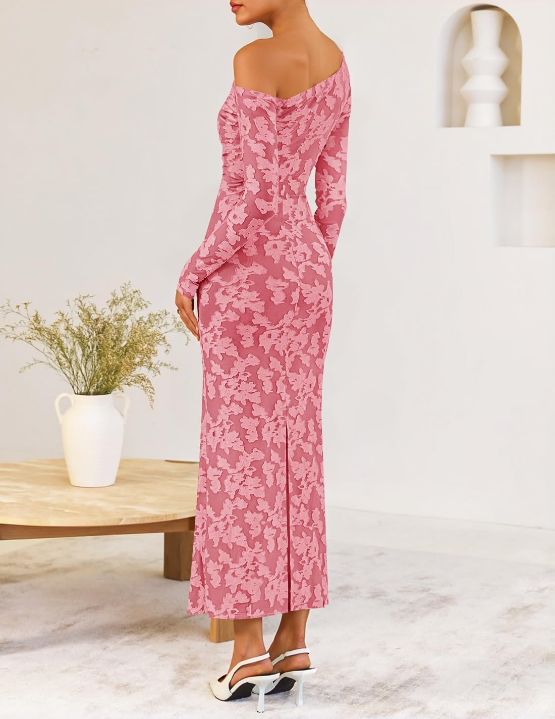 ZESICA Women's Spring Floral Off Shoulder Bodycon Maxi Dresses 2026 Long Sleeve Ruched Elegant Cocktail Party Dress - Image 4