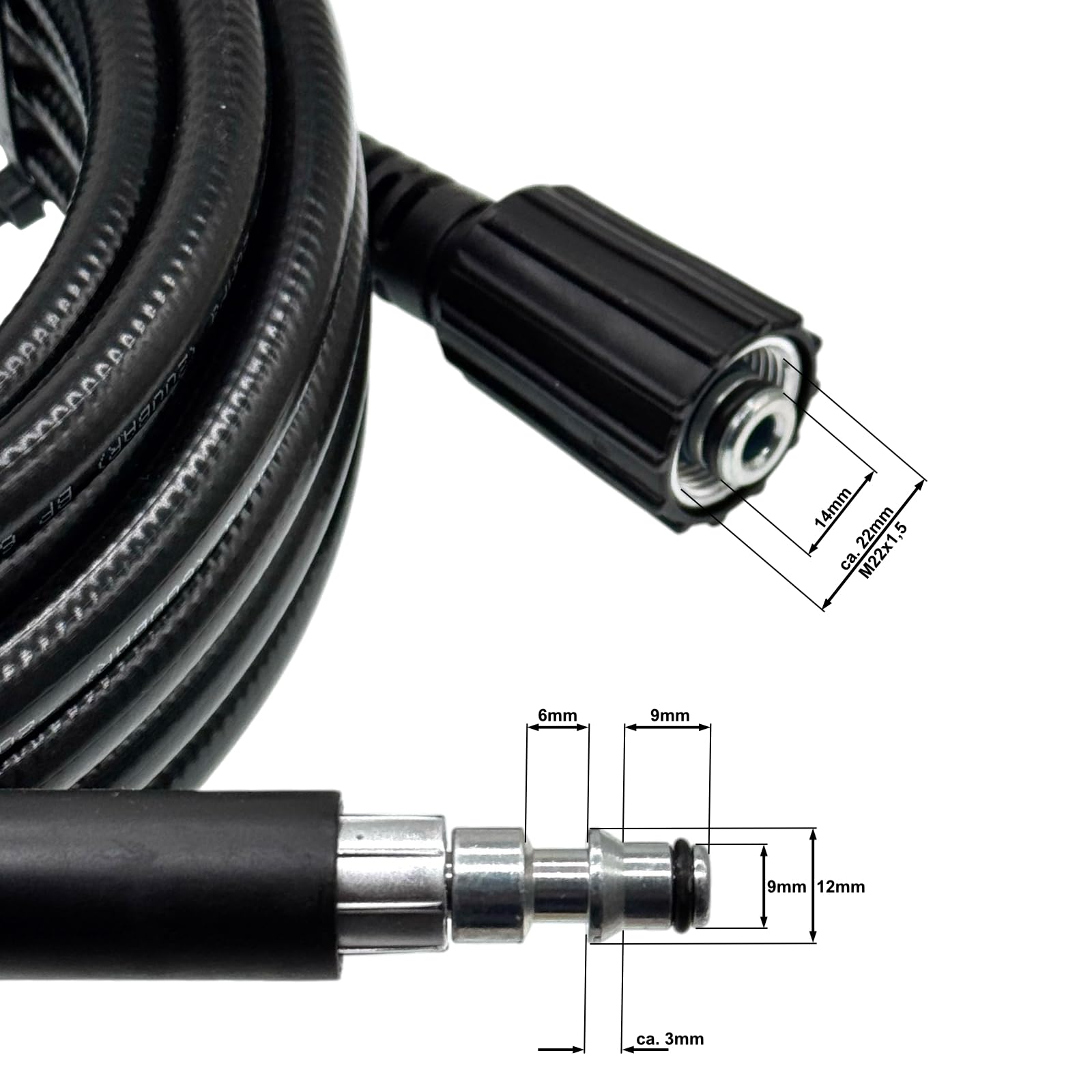 M&M Smartek Tuyau haute pression 5 m, Noir, Silicone, Compatible Lavor 4.018.0096, Max. Pression 160 bars, Température 40 °C, Raccord rapide, NW 6 x 1, M22 IG, 1/4