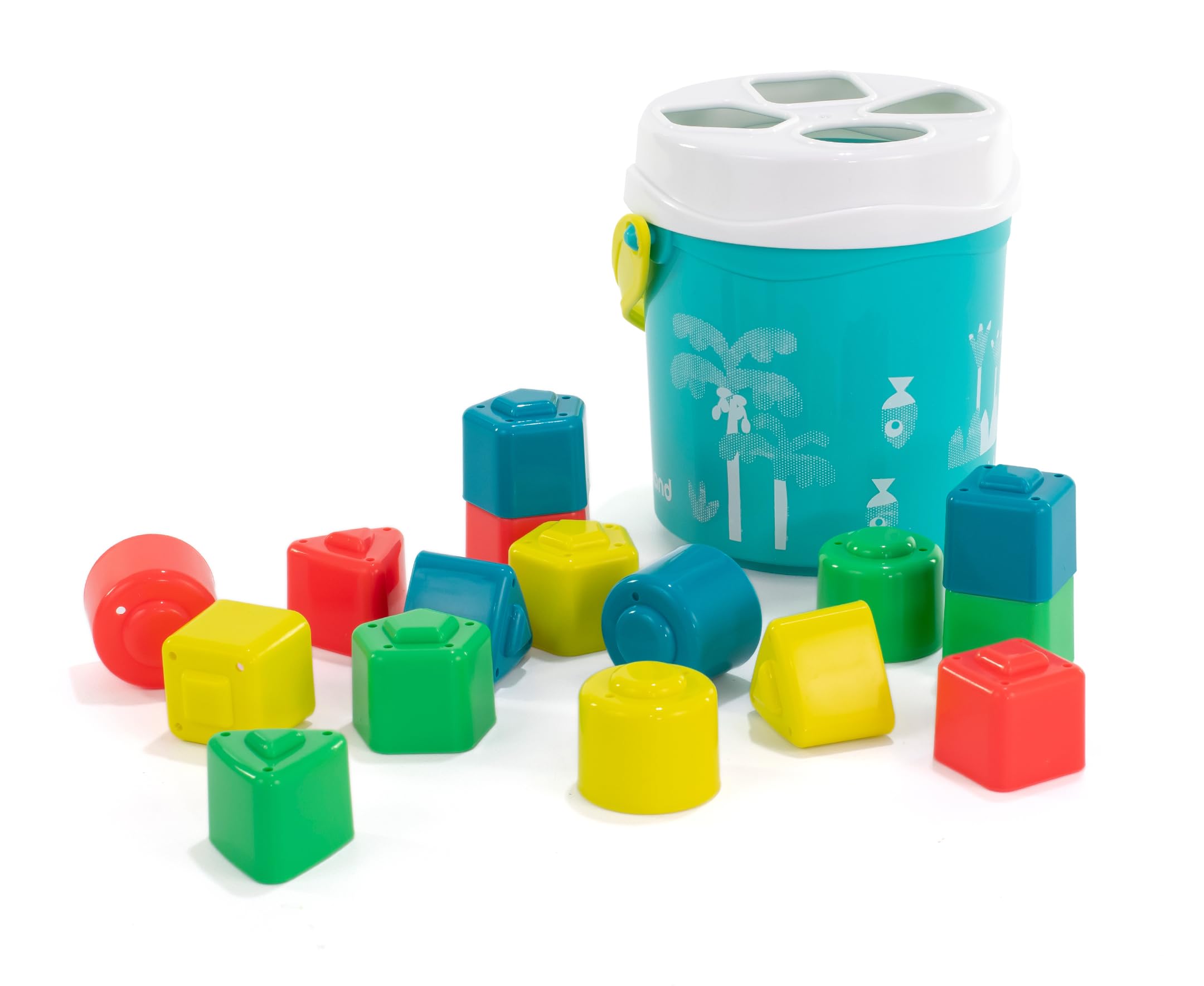 Miniland Feel to Learn Turquoise Shape Sorting Bucket for Children from 1 to 2 Years. 16 Multicolored Pieces with Different Shapes. Made in Spain with ECO Materials
