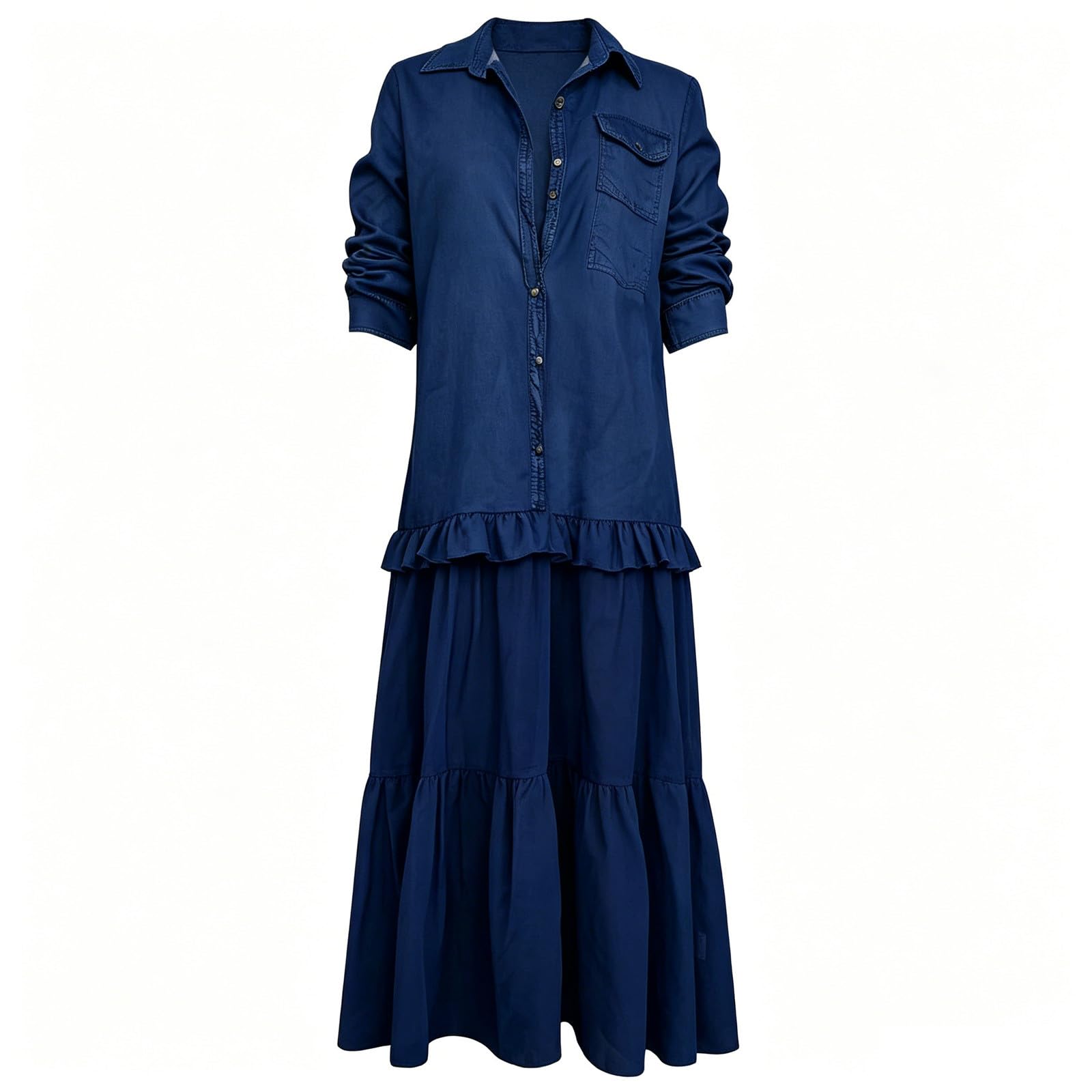 Vestido vaquero para mujer, vestido largo de camisa de verano, manga larga, vestido vaquero con volantes, ropa para niña, informal, vestido informal, vestido de tirantes monocromáticos