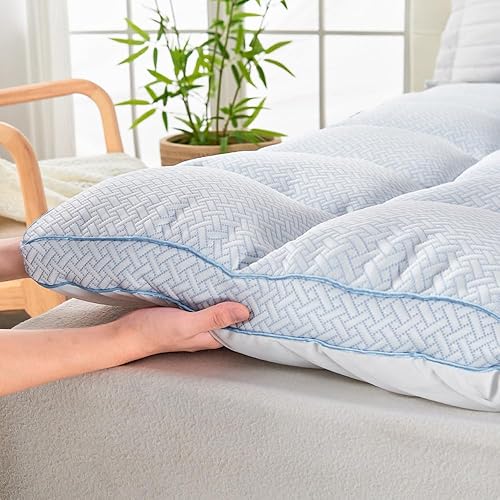 Cubrecolchón de tamaño matrimonial, funda de colchón refrescante con relleno alternativo de plumón de 31.75 oz, protector de colchón extra grueso