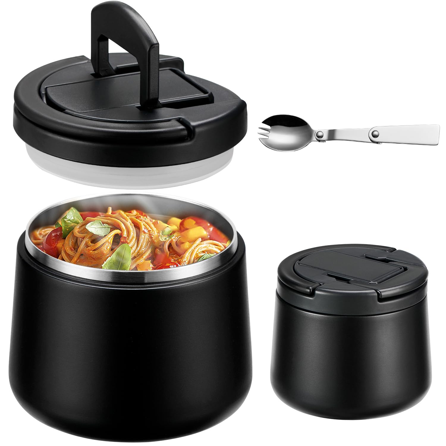 Howeemo14oz Insulated Vacuum Food Jar with Buckle Lid,Soup Thermo for Hot Food Kids,Wide Mouth Leakproof Stainless Steel Lunch Container with Spoon-Black