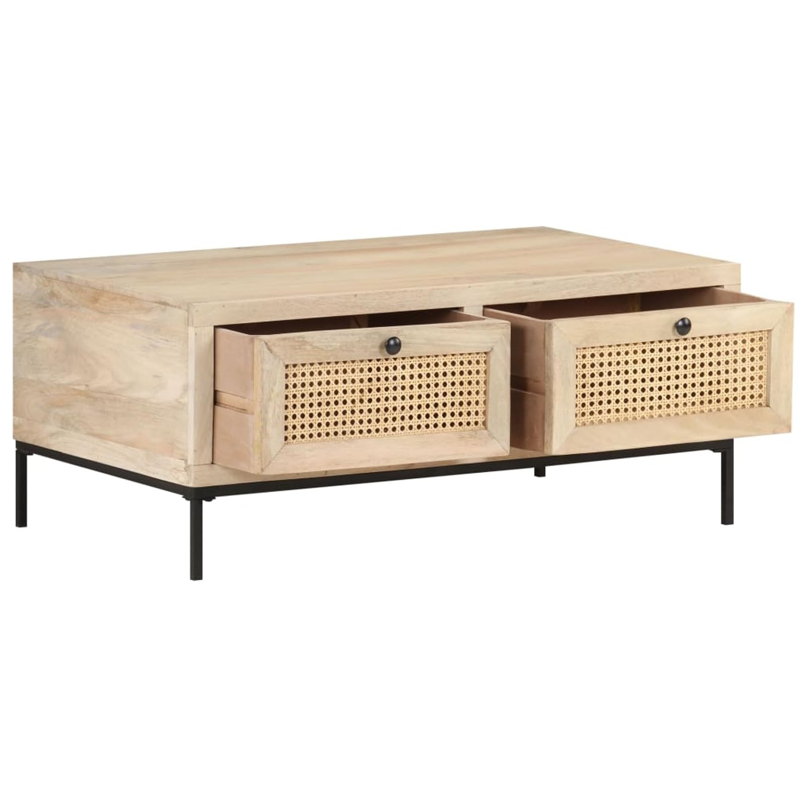 Homgoday Table basse 90 x 50 x 37 cm en bois de manguier massif et canne naturelle, table d'appoint pour salon, salle de réception d'invités, chambre à coucher et mobilier de bureau
