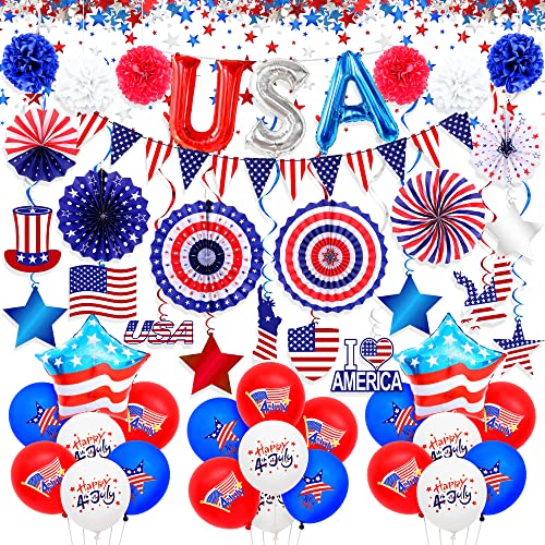 Katchon, 4Th Of July Decorations Set - Huge, Pack Of 52 | Usa Balloons, Pom Poms, Paper Fans, Star Confetti, Flag Garland | Fourth Of July Decorations | Red White And Blue Decorations, Patriotic Decor #TOP28