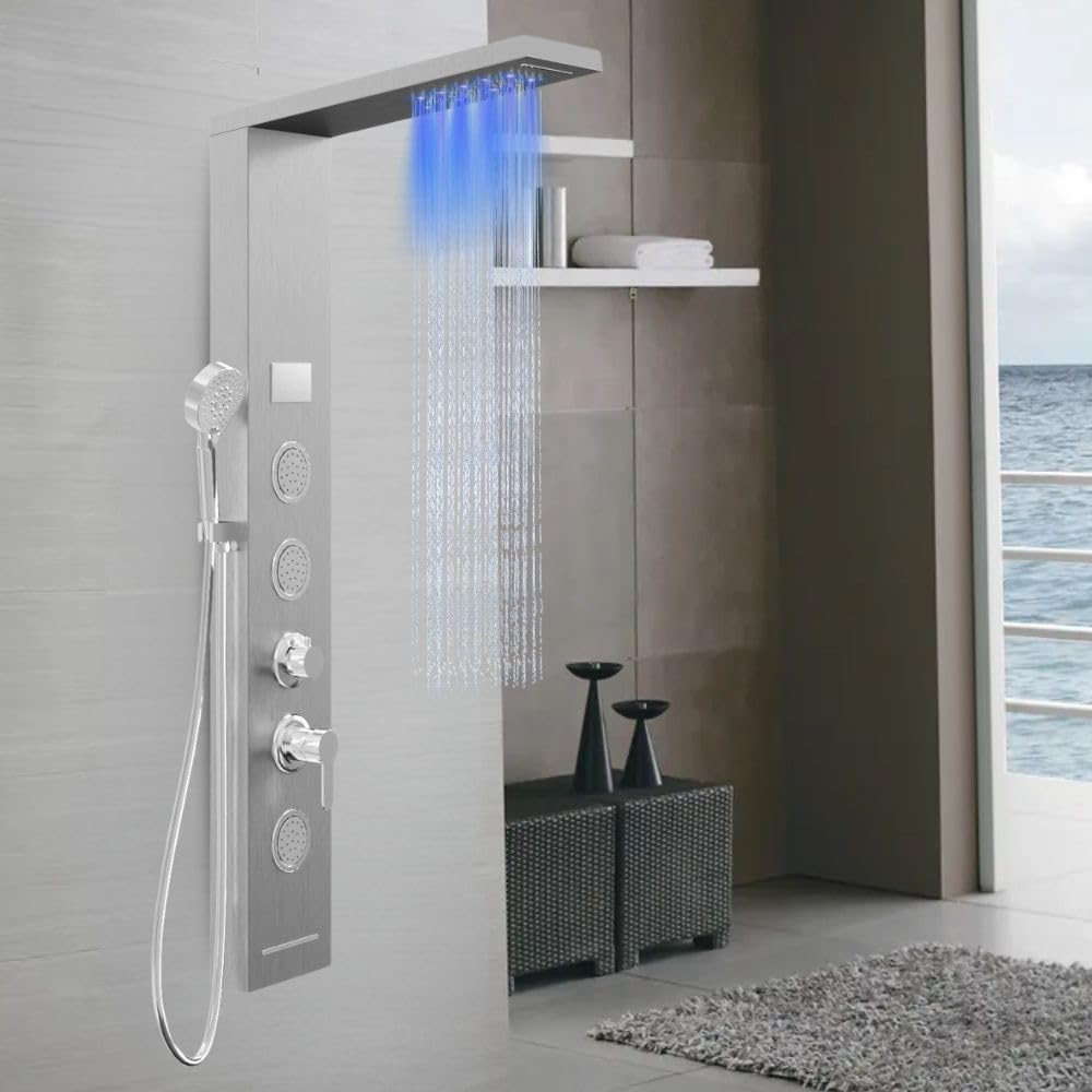 Colonna Pannello Doccia Shine-1 Cromo 4 Funzioni Luce LED Relax Display Temperatura Cromo 3 getti lombari 2 cascate d'acqua Soffione Anticalcare