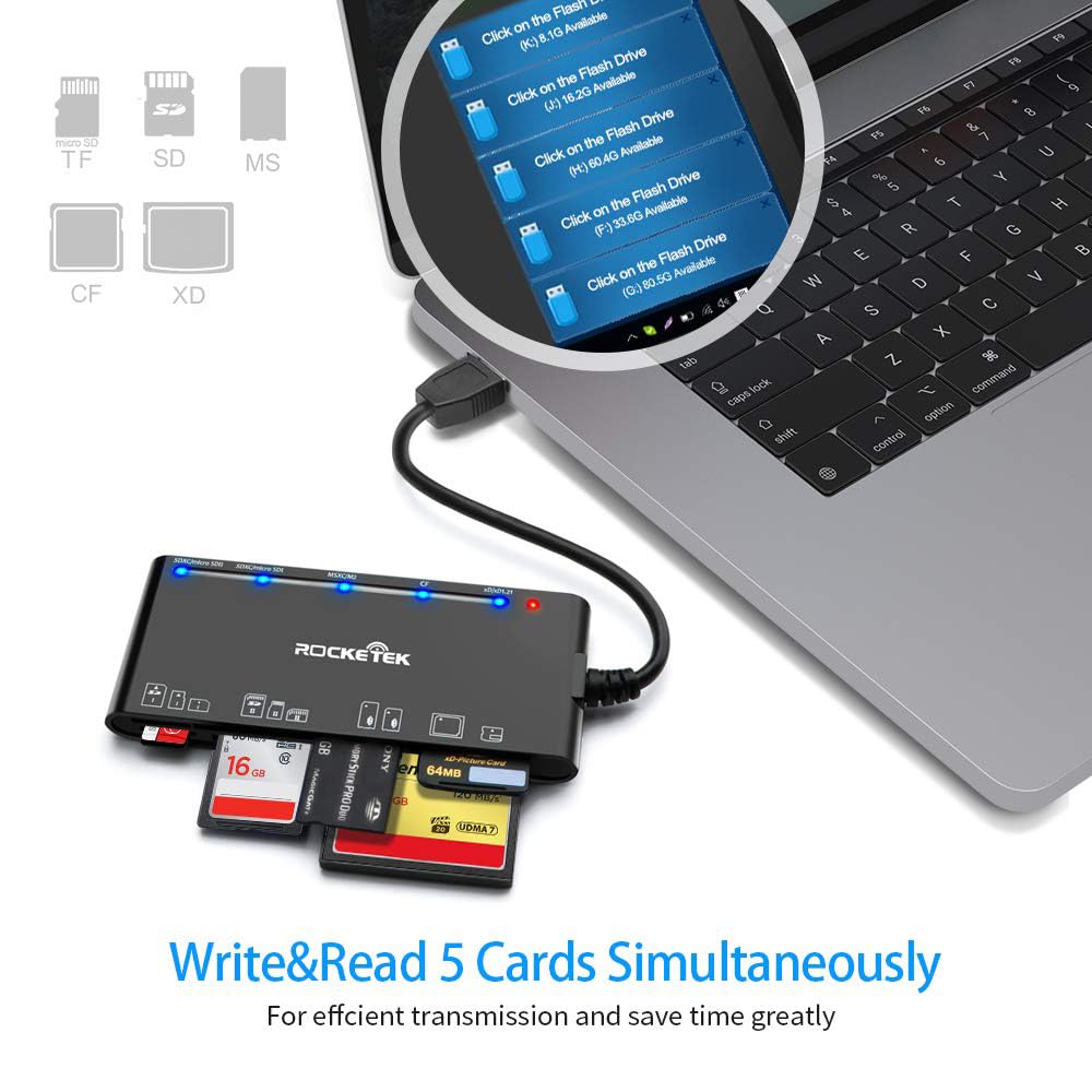 Lettore di schede USB 3.0, 7 in 1 SD/TF/CF/MS/XD/Micro SD Lettore di schede di memoria con USB3.0 (5 Gbps) Super Speed, compatibile con Windows/Linux/Mac OS/Vista