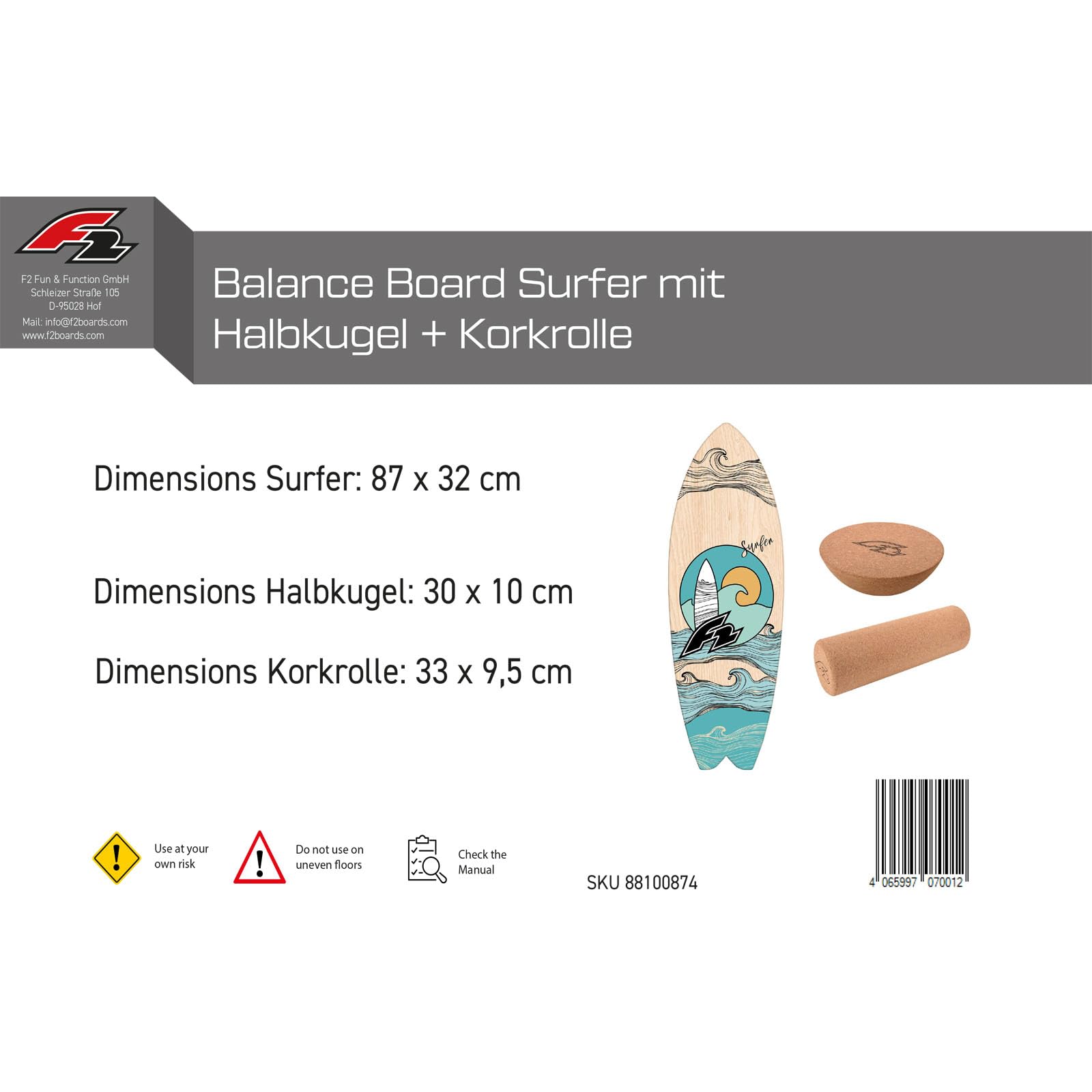 F2 Marken Balance Board Set mit Korkrolle UND Halbkugel Modell wählbar aus Holz für Einsteiger und Profis - Balancetraining, Fitness, Gleichgewichtstraining für Kite Windsurf Wingfoil Wassersport