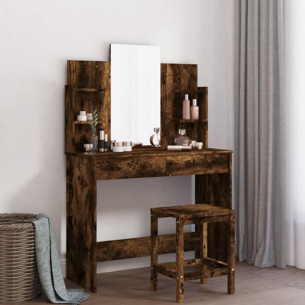 Schminktisch mit Spiegel Räuchereiche Holzwerkstoff 96x39x142 cm mit Schublade Ablage Stauraum und Hocker für Schlafzimmer Ankleidezimmer Jugendzimmer Mädchen
