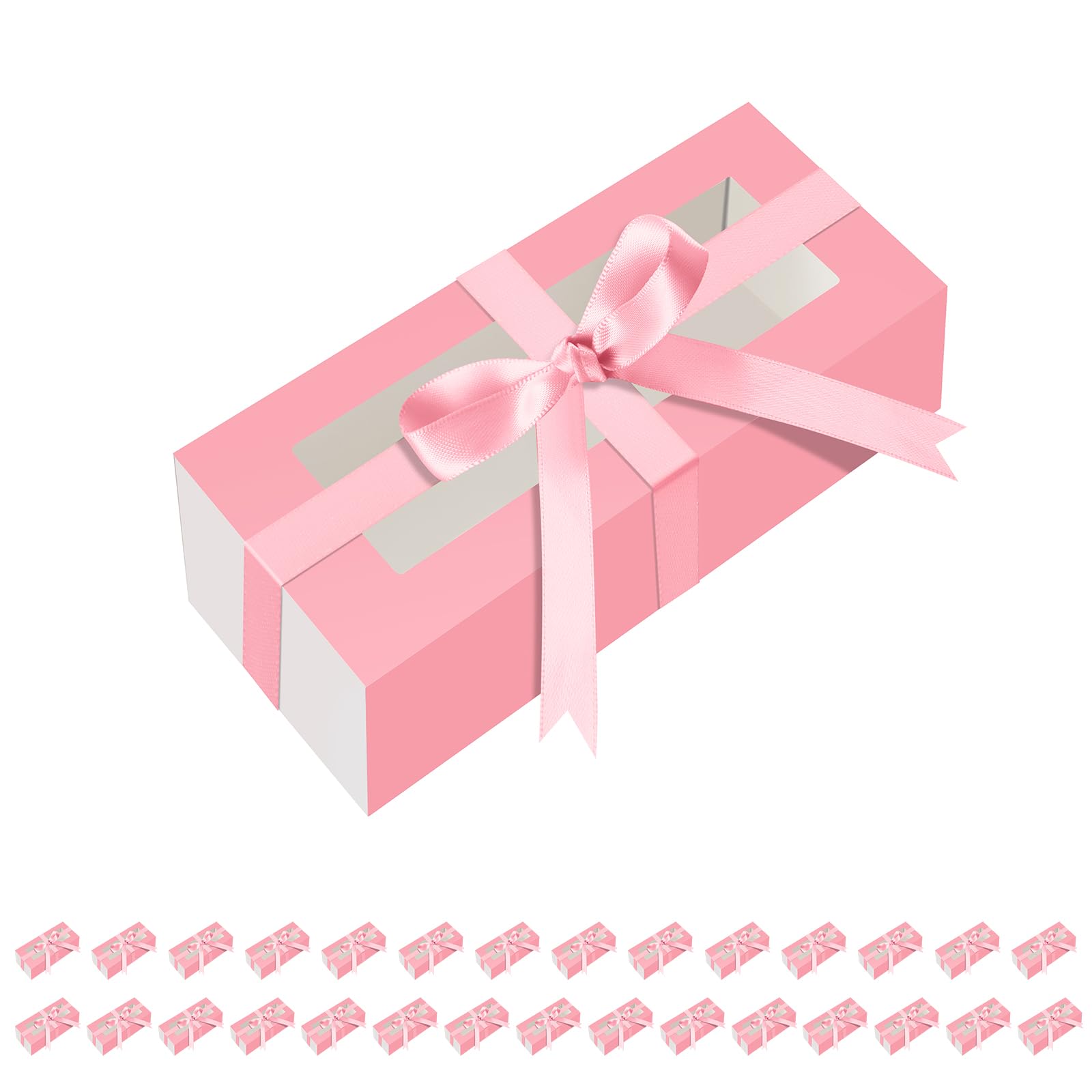 HAPPY POTATO 30 Pack Macaron Boxes for 4 or 5, 4×1.9×1.9 Inches, Macaron Packaging Boxes, Pink Macaron Box with Clear Window, Macaron Container Gift