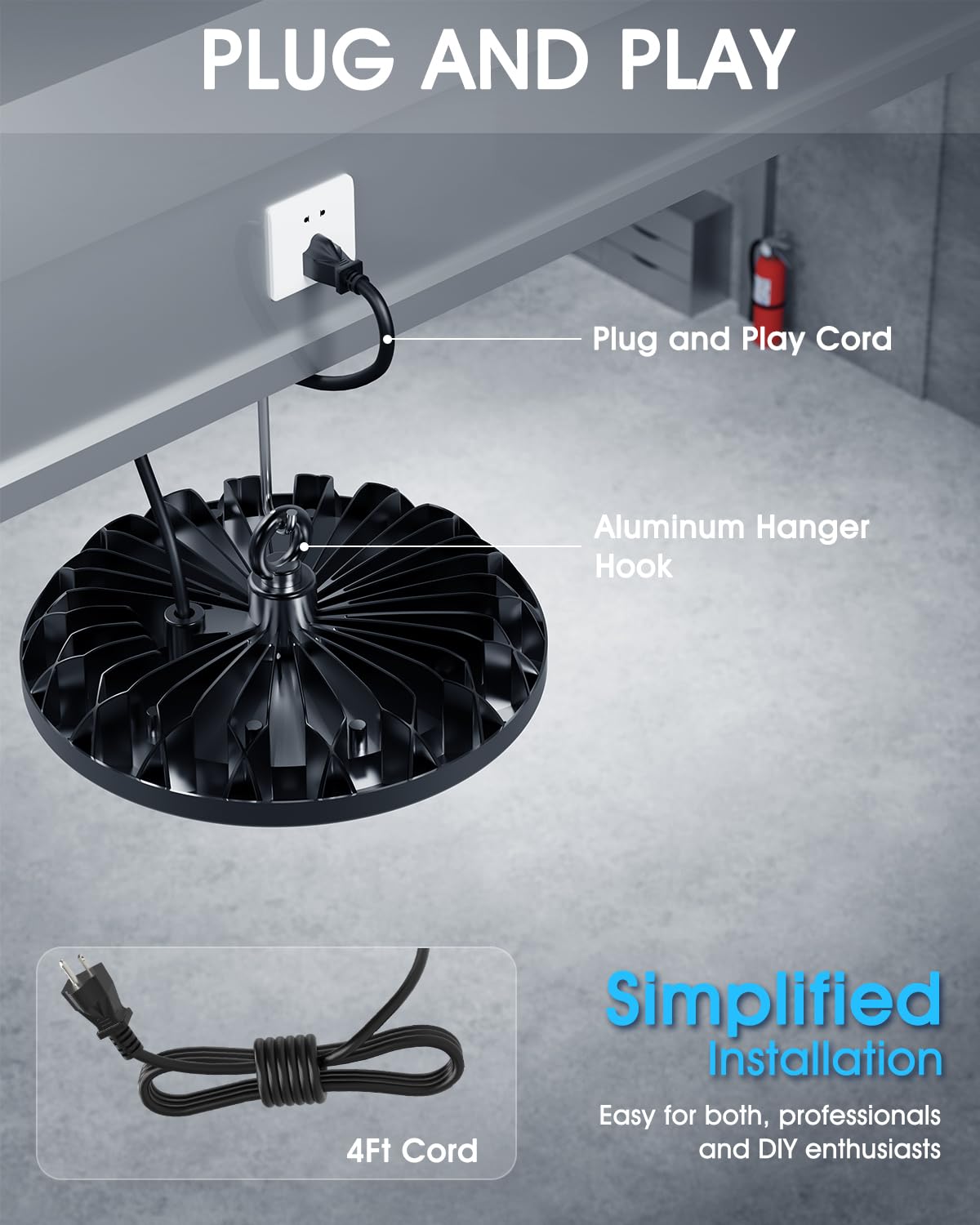 300W UFO LED High Bay Lights - 6000K 20000LM Warehouse Lights AC120V Plug and Play IP65 Waterproof Commercial — view 3