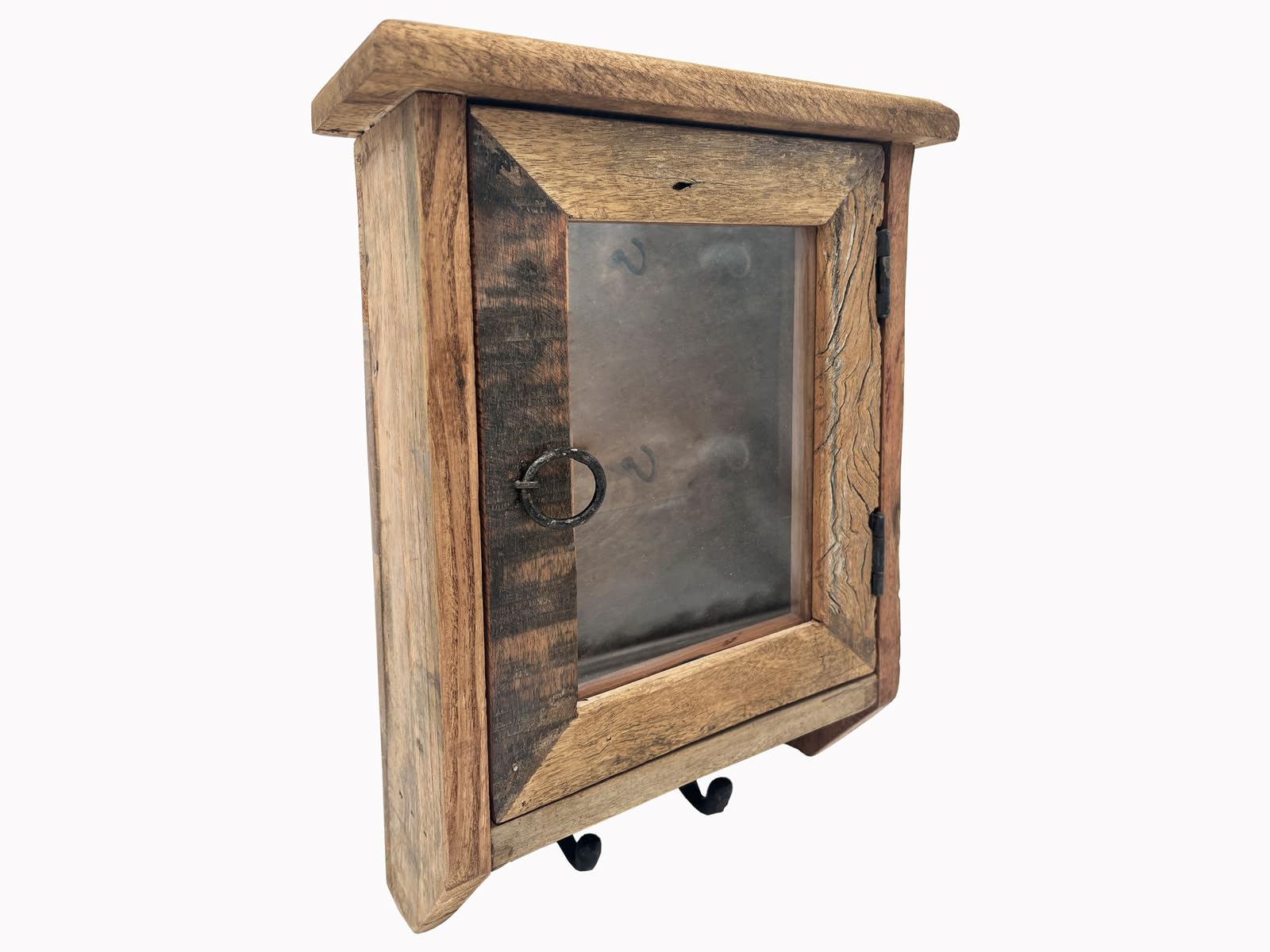 Woodkings Schlüsselkasten Sumatra | Schlüsselhaken 25x35x10cm aus Altholz | ideal für Flur Büro Deko | Rustikales Design mit Glastür und Haken