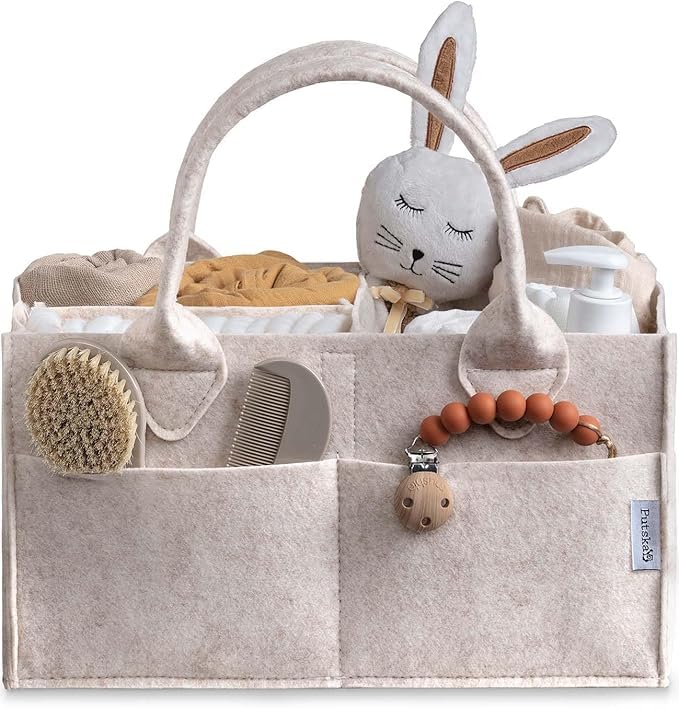 PUTSKA Baby Diaper Caddy Organizer Nursery Basket - Baby Basket Gift Registry For Baby Shower List. Baby Must Haves Essentials. Neutral Baby Stuff For Newborn Boy Nursery Decor Or Girl(Mocha 13x9x7)-image-8