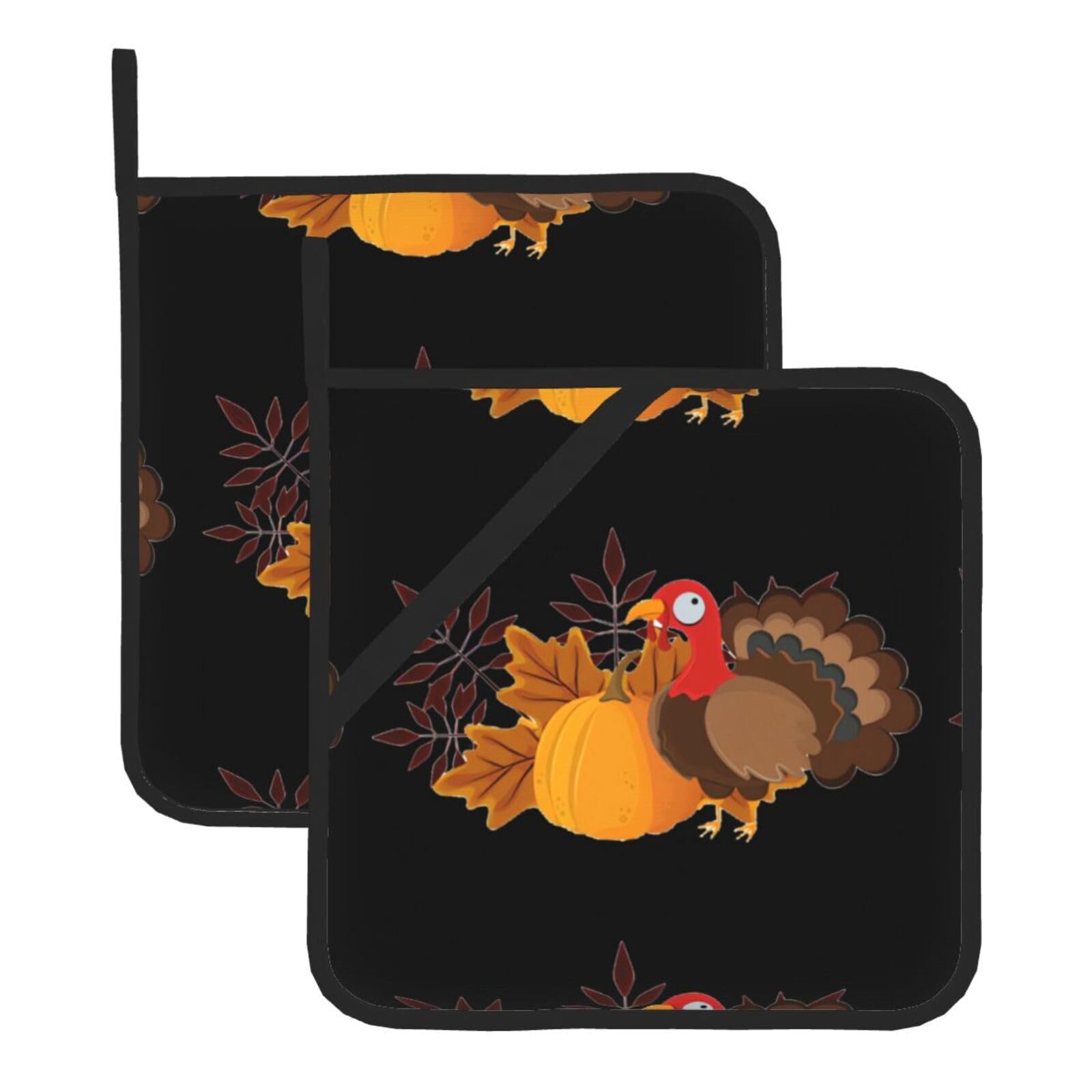 WHJDPP Happy Thanksgiving Turkey Pumpkin Prints Square Hot Pads for Kitchen Counter - Waterproof Pot Holders Set of 2, Heat Resistant Trivets with Pocket & Hanging Loop for Serving, Oven & BBQ